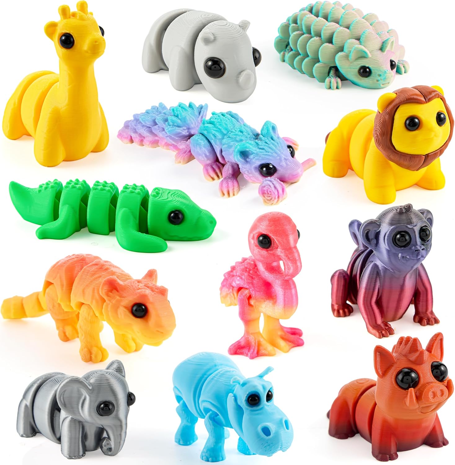 JOYIN 12PCS Safari Animal 3D Printed Toys, Mini Animals 3D Printed Toys, Cute Articulated Flexible Figurines Fidget Toys for Party Favors Classroom Desk Pets Home Decor