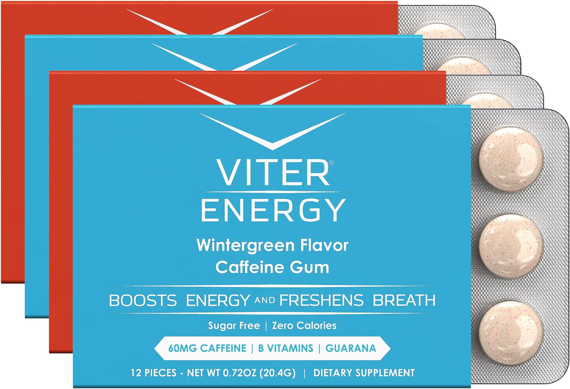 Viter Energy Caffeinated Gum 60mg Caffeine, B Vitamins, Guarana, Sugar Free. (Variety, 12pcs, 4 Pack)