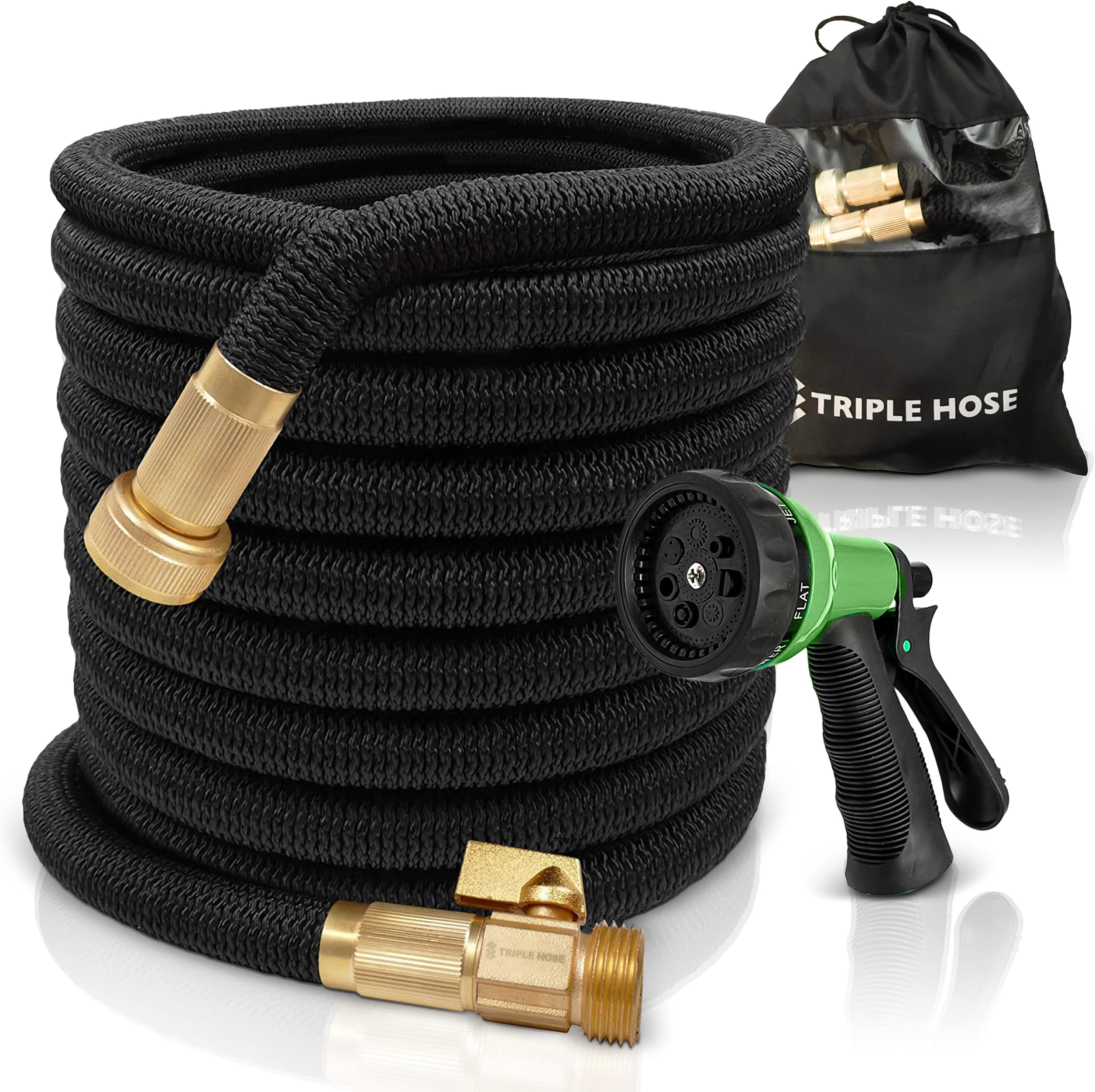 Expandable Garden Water Hose: Heavy Duty, Collapsible, Flexible, Retractable Hose | Will not Kink, Leak, Split, Twist, Rust | One Year Warranty | Shut Off Valve | 8 Way Sprayer | TruTec (50, Black)