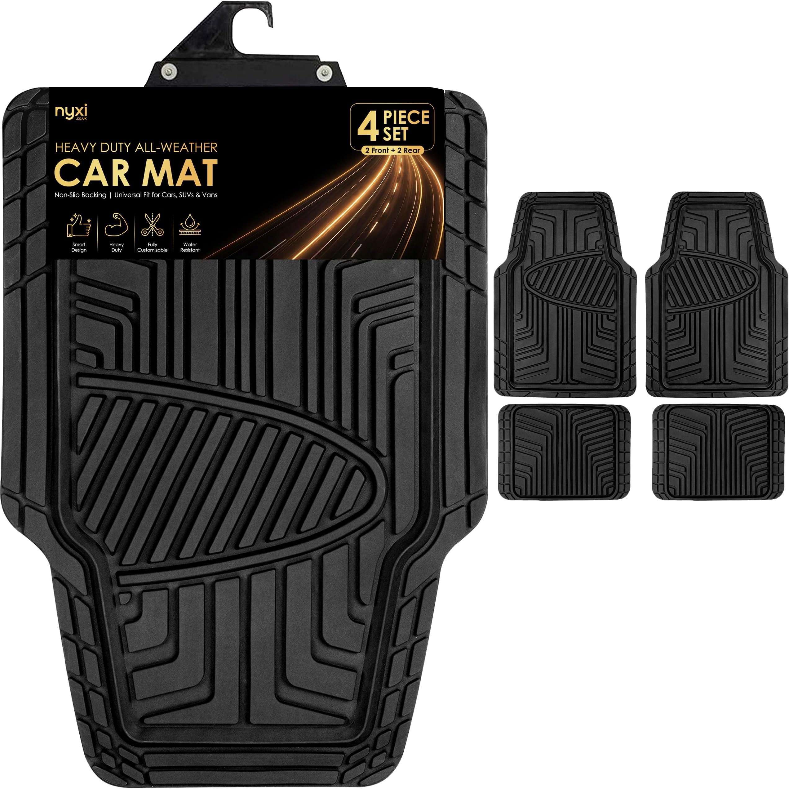 Nyxi Heavy Duty 4 Piece Rubber Car Mat (Front + Rear) Universal Non-Slip Deep Dish Floor Mat for Cars SUV Truck and VAN, Waterproof, All Weather