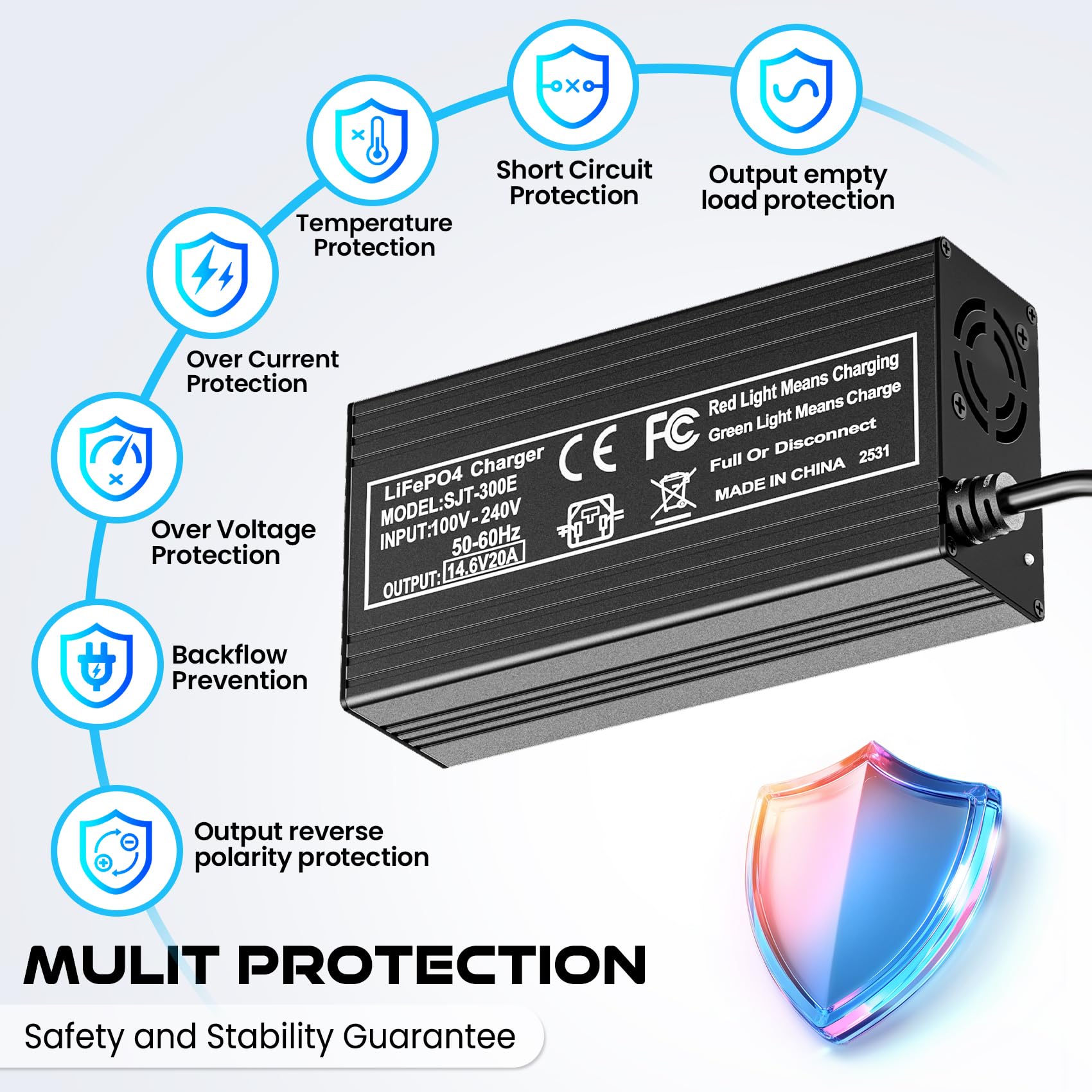 Caricabatteria al litio da 12 V 20 A 14,6 V LiFePO4 Caricabatterie con connettore rapido Smart automatico e manutenzione per batteria ricaricabile a ciclo profondo Barca RV
