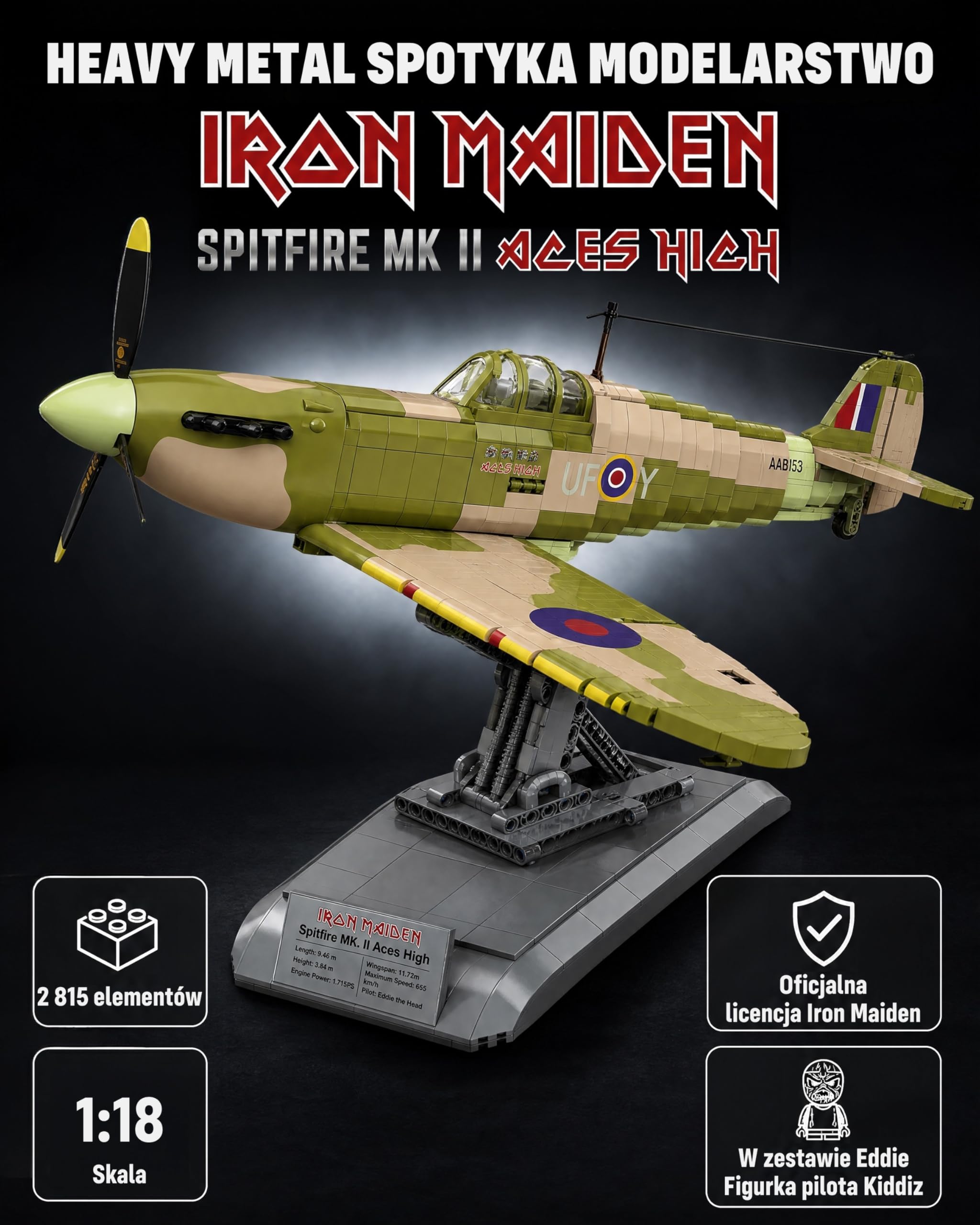 Revell Brick System 00962 Iron Maiden Spitfire MK.II Aces High - zestaw modeli cegieł - skala 1:18 niezabudowana, długość 52,5 cm, ponad 2500 sztuk, zawiera figurkę Eddiego, stojak ekspozycyjny i