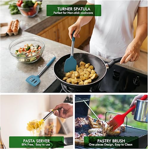 Miniatura 10 de HOTEC Utensilios de cocina de silicona resistentes al calor, juego de utensilios de cocina, juego de espátula, sin BPA, utensilios de cocina, con