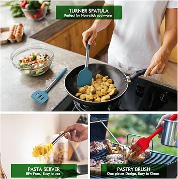 HOTEC 446F Heat Resistant Silicone Kitchen Utensils, Cooking Utensil Set, Spatula Set, BPA Free, Kitchen Gadgets, Utensils Holder, Dishwasher Safe, 14pcs Multicolor