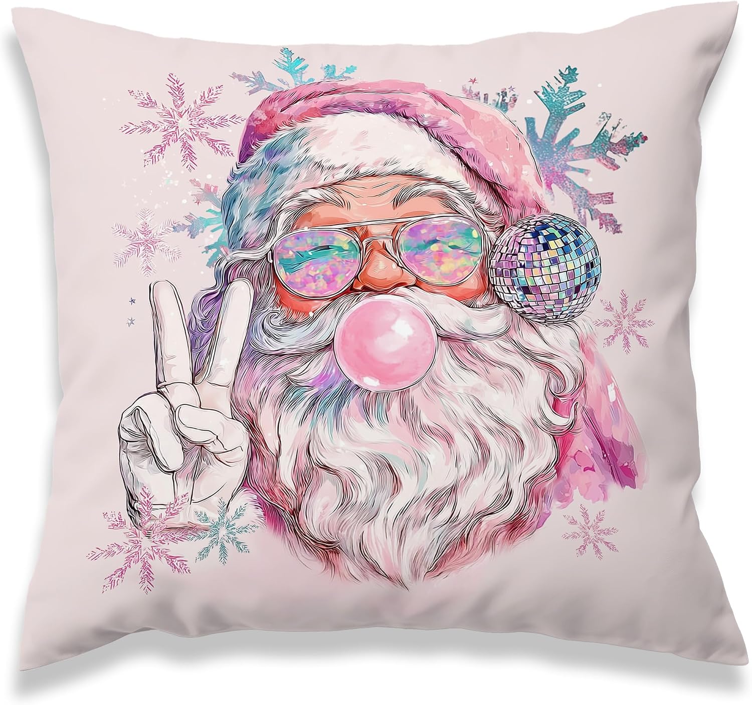 Pink Christmas Santa Decorative Throw Pillow Covers, Funny Trendy Disco Ball Hat Pillows Covers for Girly Room Girls, Retro Preppy Coquette Pillow Cases Decor for Couch Bedroom Winter 18x18in