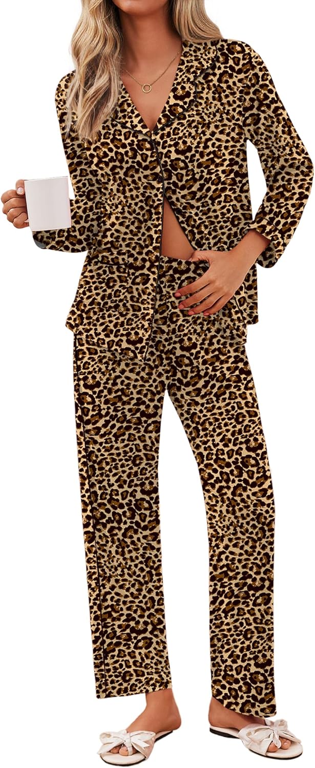Ekouaer Pajamas for Women Set Button Down Pj Long Sleeve Shirt and Pants Lounge Sets Fall Sleepwear with Pockets Small Tawny Cheetah