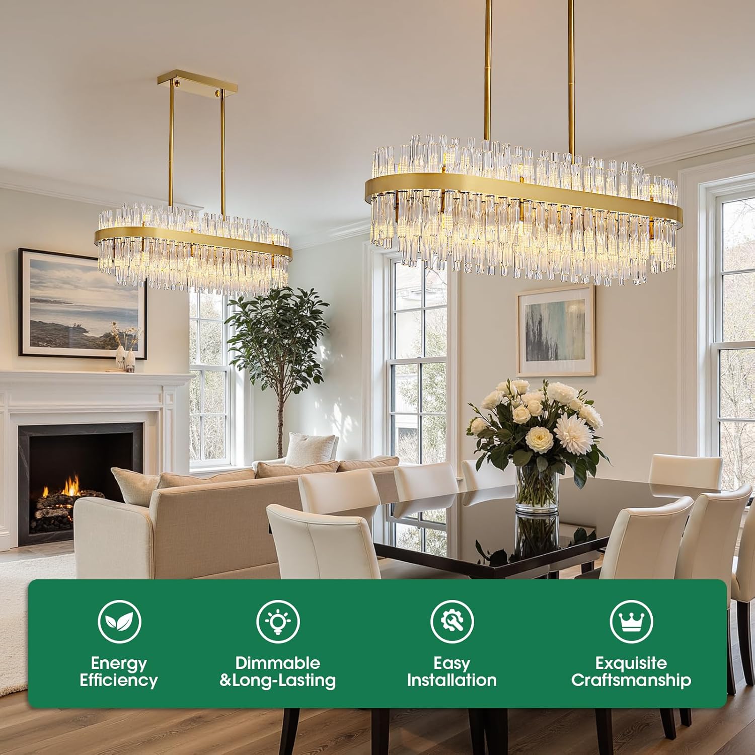 16-Light Modern Gold Rectangle Chandeliers for Dining Room Kitchen Island Light Fixture, 2 Tiers Wave Crystal Glass Chandelier for Living Room, L33.5''