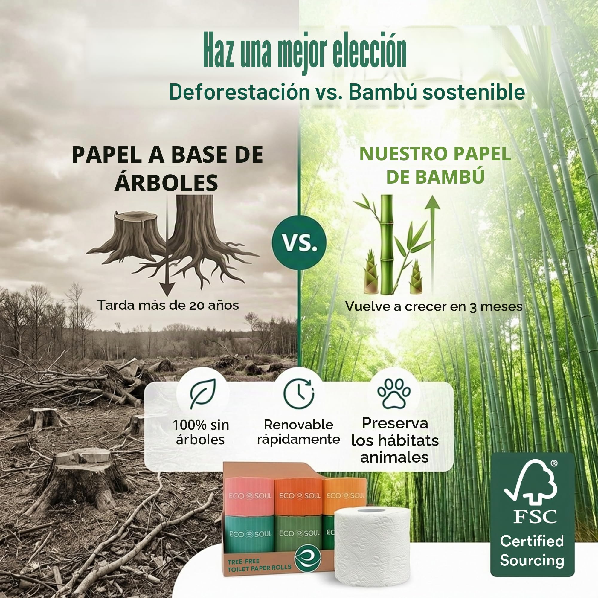 ECO SOUL Papel higiénico de bambú, 24 megarrollos, 3 capas, 300 hojas por rollo, papel higiénico ecológico y seguro para sépticos, papel higiénico sostenible, compostable, certificado FSC
