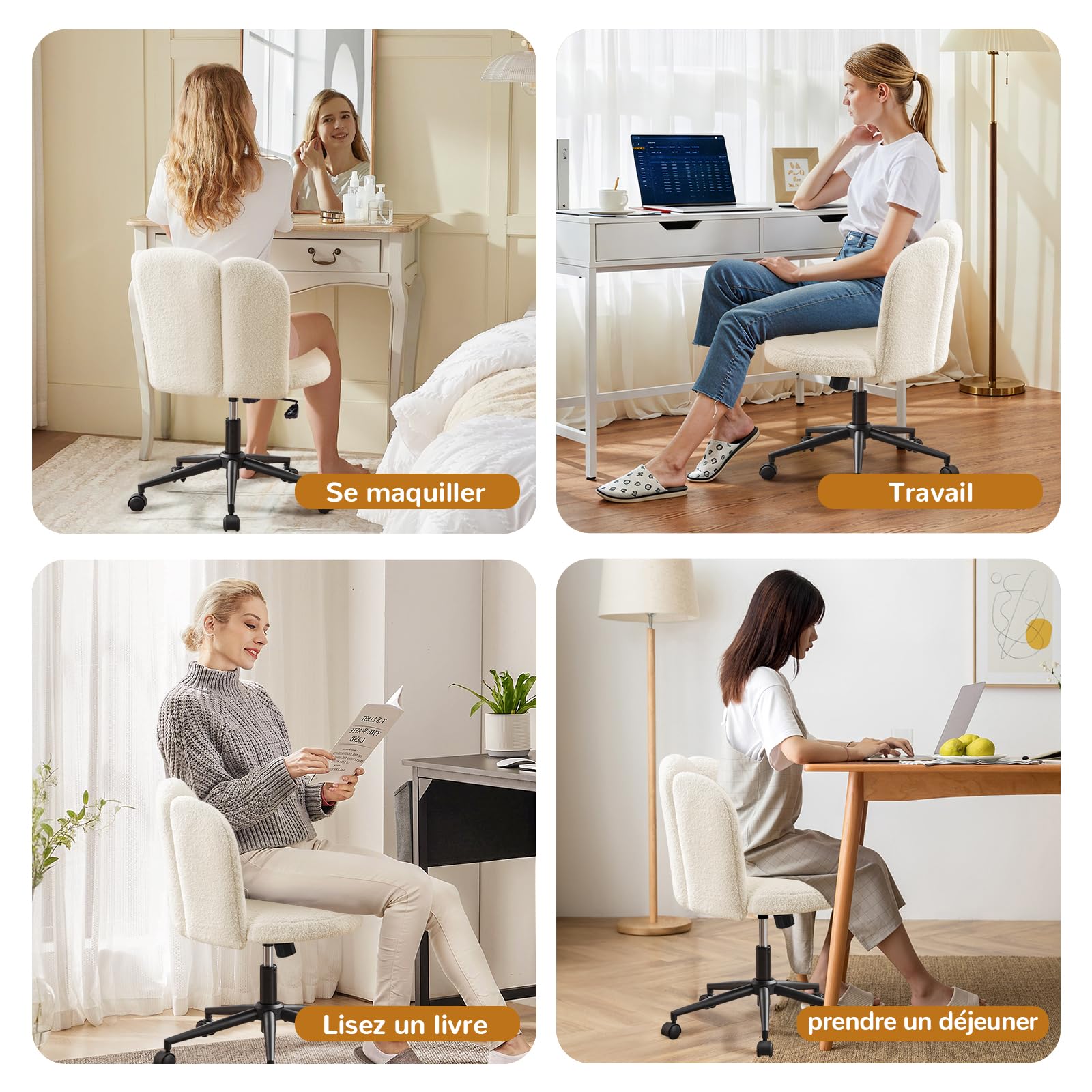 Fauteuil de Bureau, Chaise de Coiffeuse, Chaise Bureau Réglable en Hauteur avec Dossier Inclinable Pivotante à 360°, Fauteuil Coquillage Design Fleur en Bouclé pour Salon Chambre, Blanc