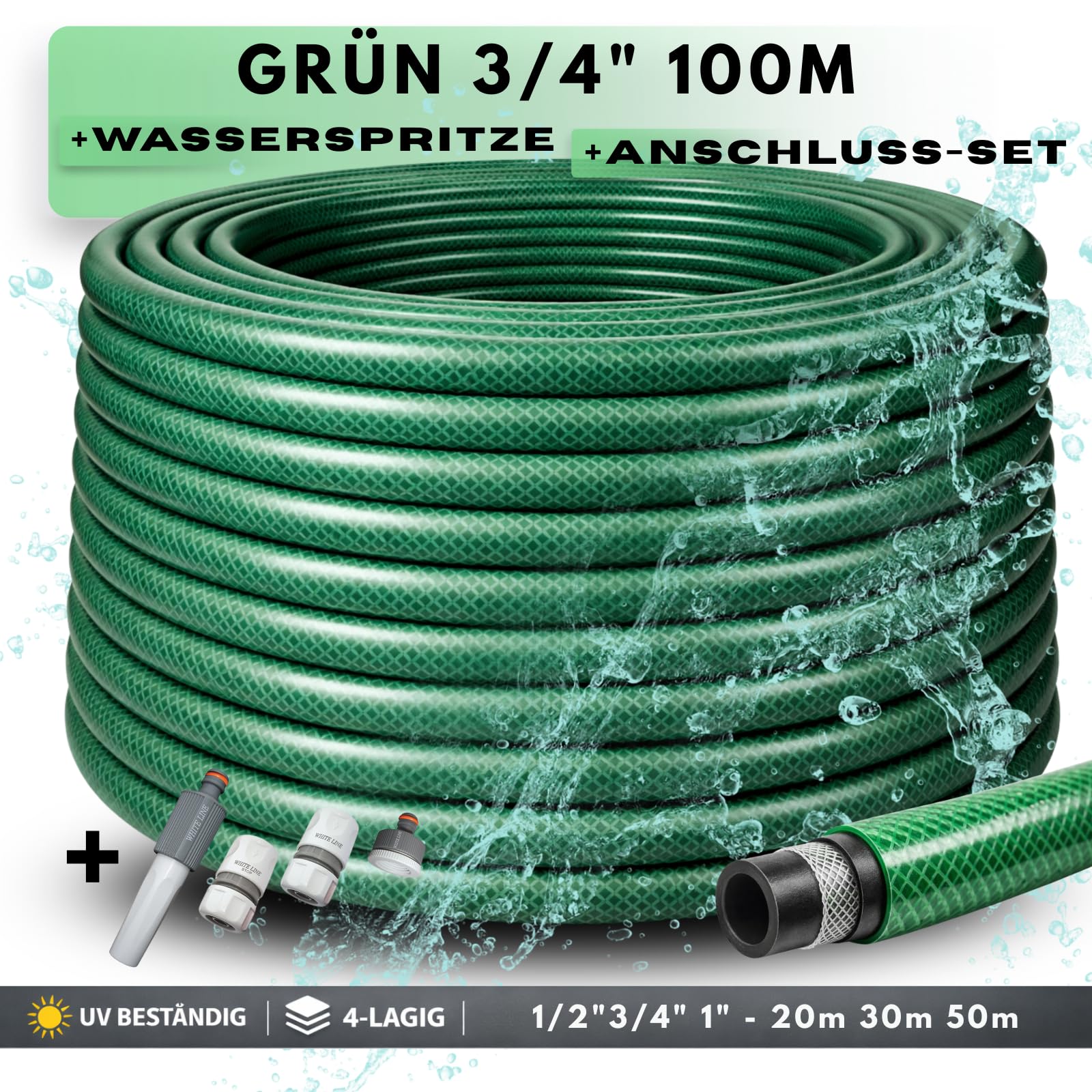 Gartenschlauch Wasserschlauch 3/4 Zoll 20m 30m 50m 100m Schlauch + Adapter Varianten Farbe (Grün, 3/4" 100m mit Adapter Set)