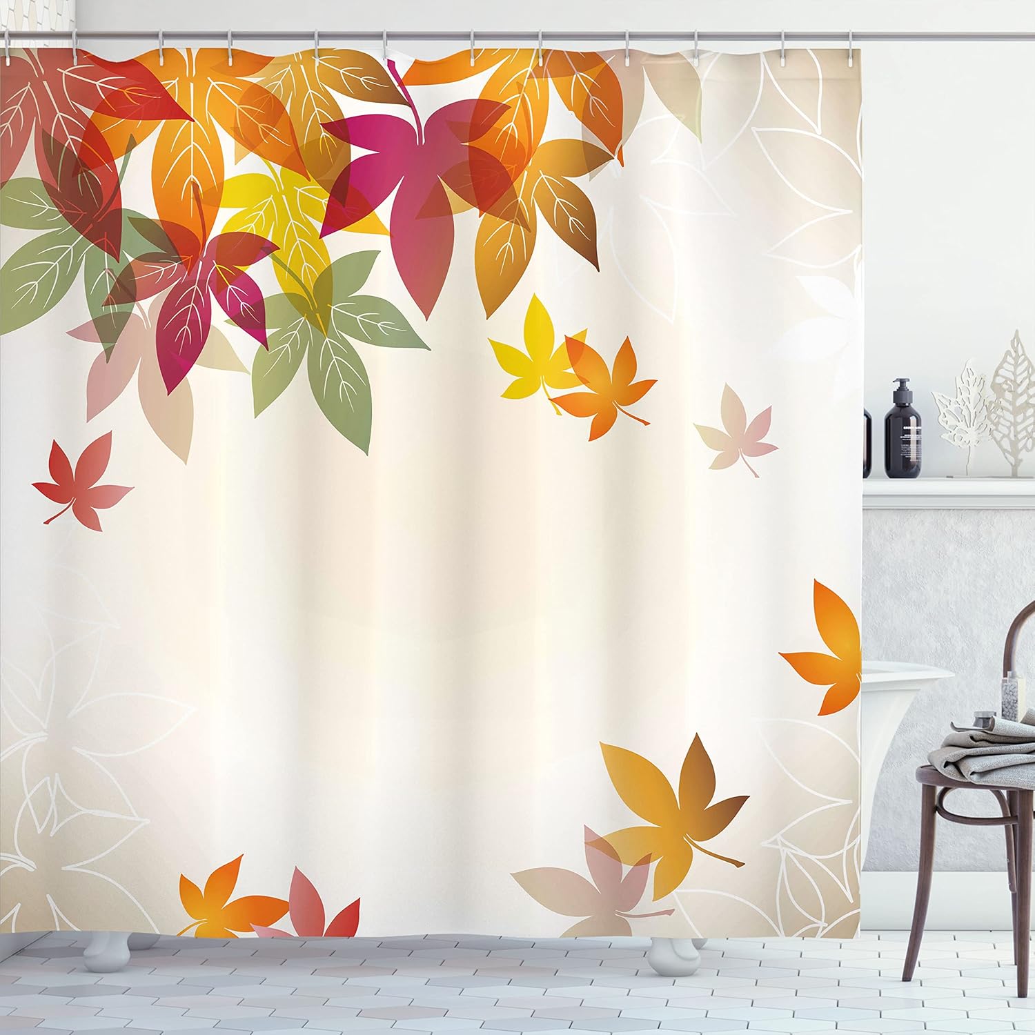 Ambesonne Fall Shower Curtain, Silhouettes of Maple Tree Leaves in Pastel Colors Classical Shady Nature Graphic Image, Cloth Fabric Bathroom Decor Set with Hooks, 69" W x 84" L, Off White Multicolor