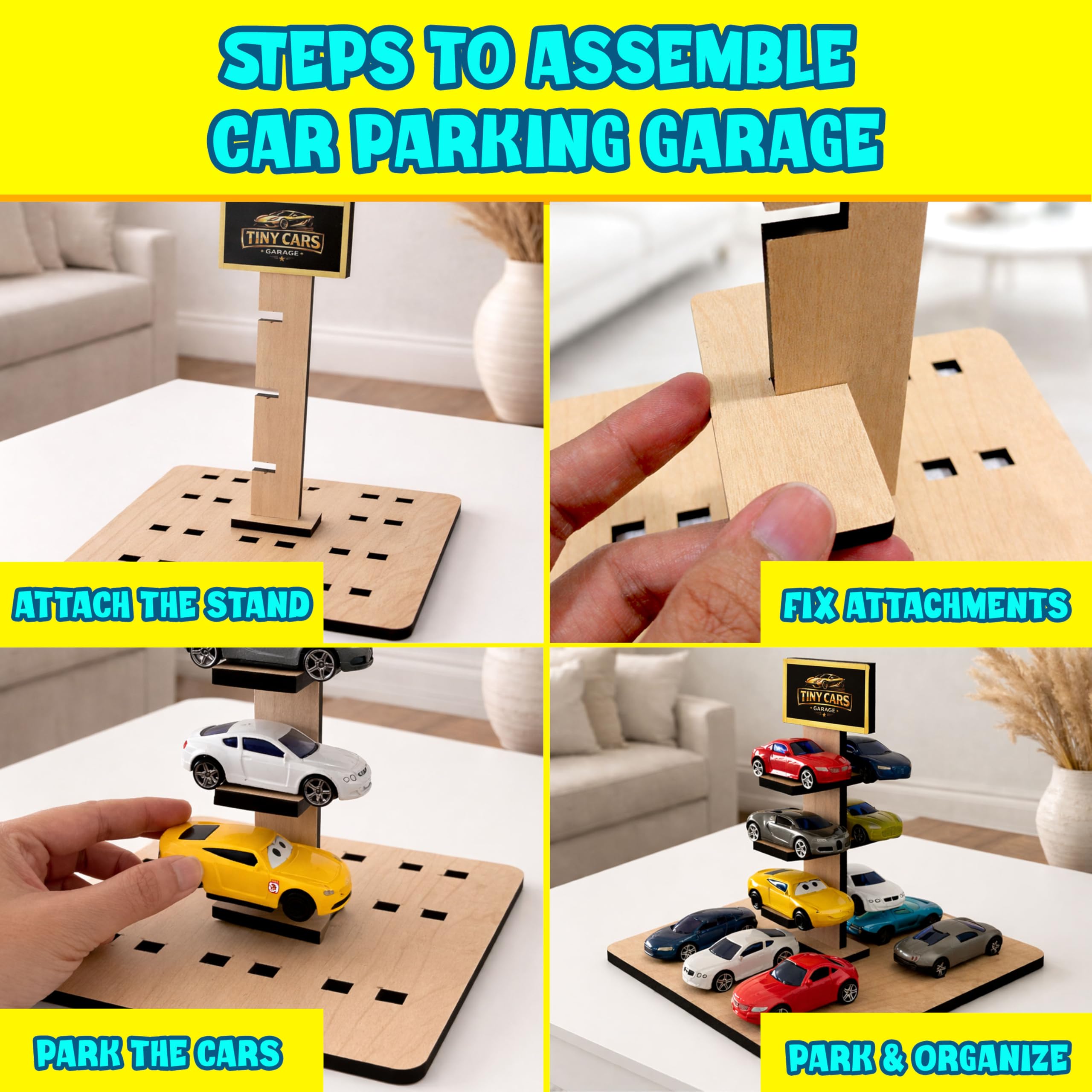 Toy Garage for Hot Wheels Cars – Wall Hanging Car Parking Rack | 12-Car Toy Car Organizer (1:64 Diecast) | MDF/Wood Car Storage Shelf for Kids Bedroom & Playroom (Cars Not Included) (Pack of 2) 2
