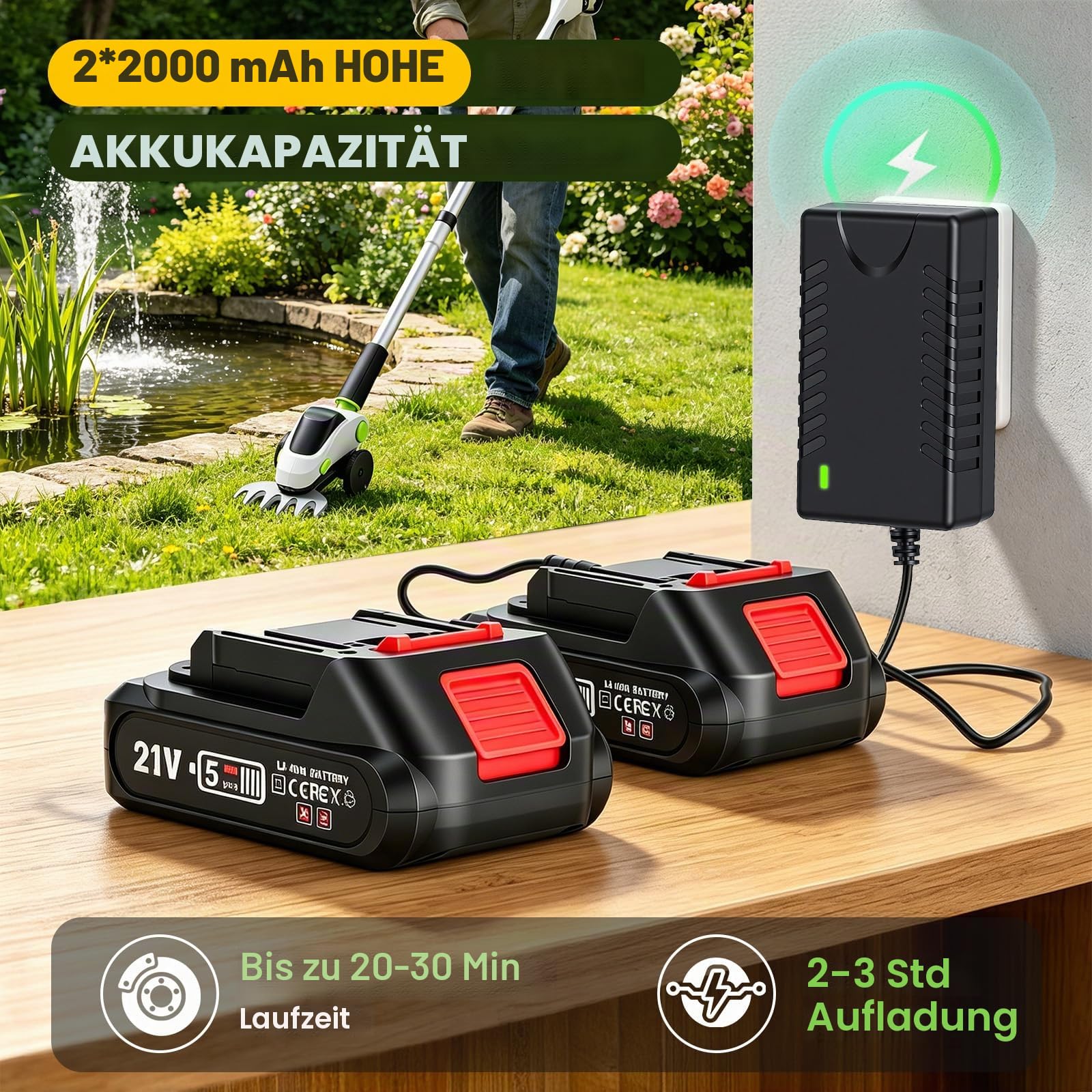 21V Rasentrimmer mit Akku und Unkrautbürste, 4-in-1 Teleskop Heckenschere | mit 2 austauschbaren Köpfen und 2 x 4.0Ah Bürstenlose Freischneider Akku für Garten und Hecke
