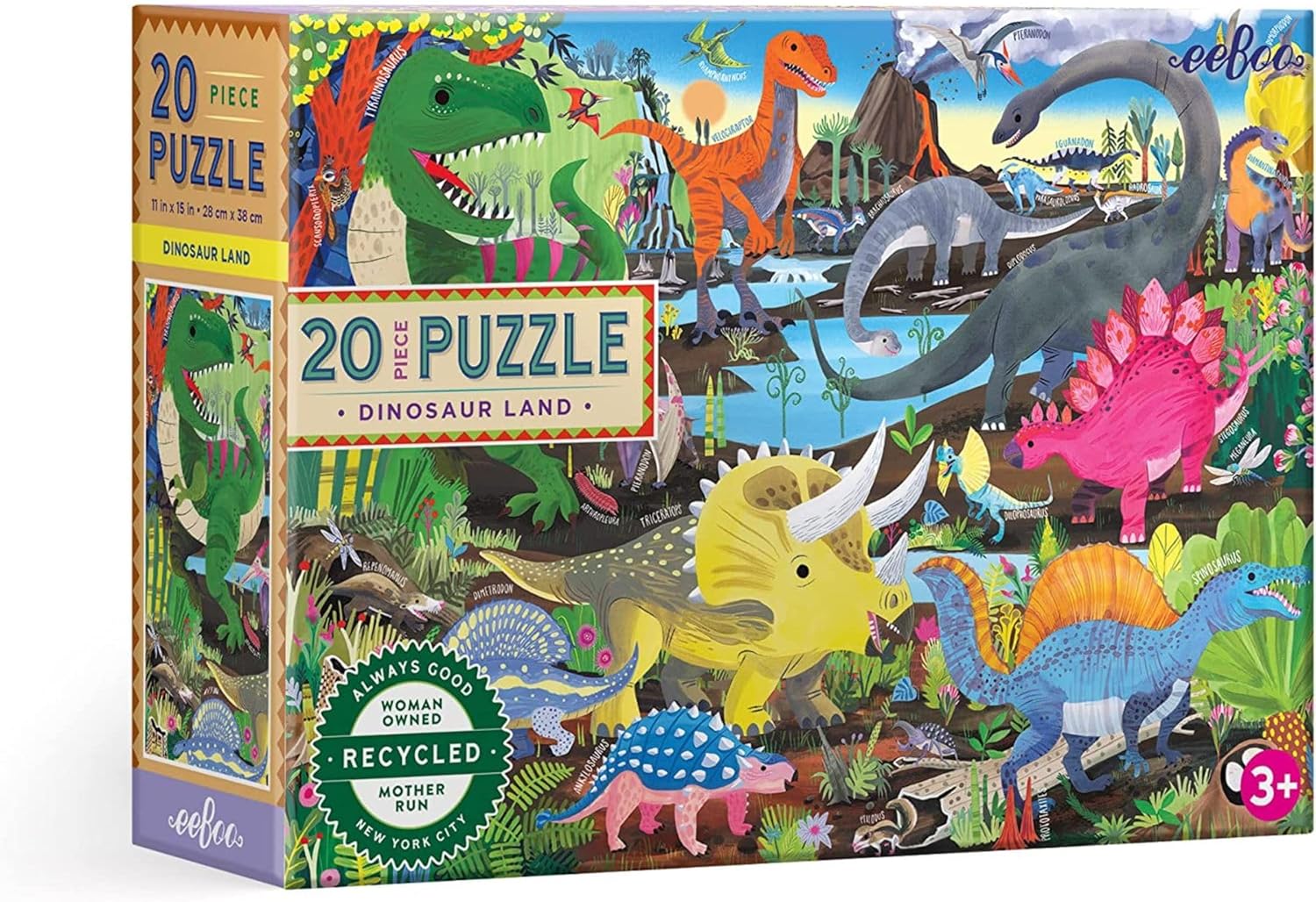 eeBoo 20 Piece Jigsaw Puzzle - Dinosaur Land Children's Puzzle Prehistoric Themed, Large Pieces for Small Hands to Develop Motor Skills