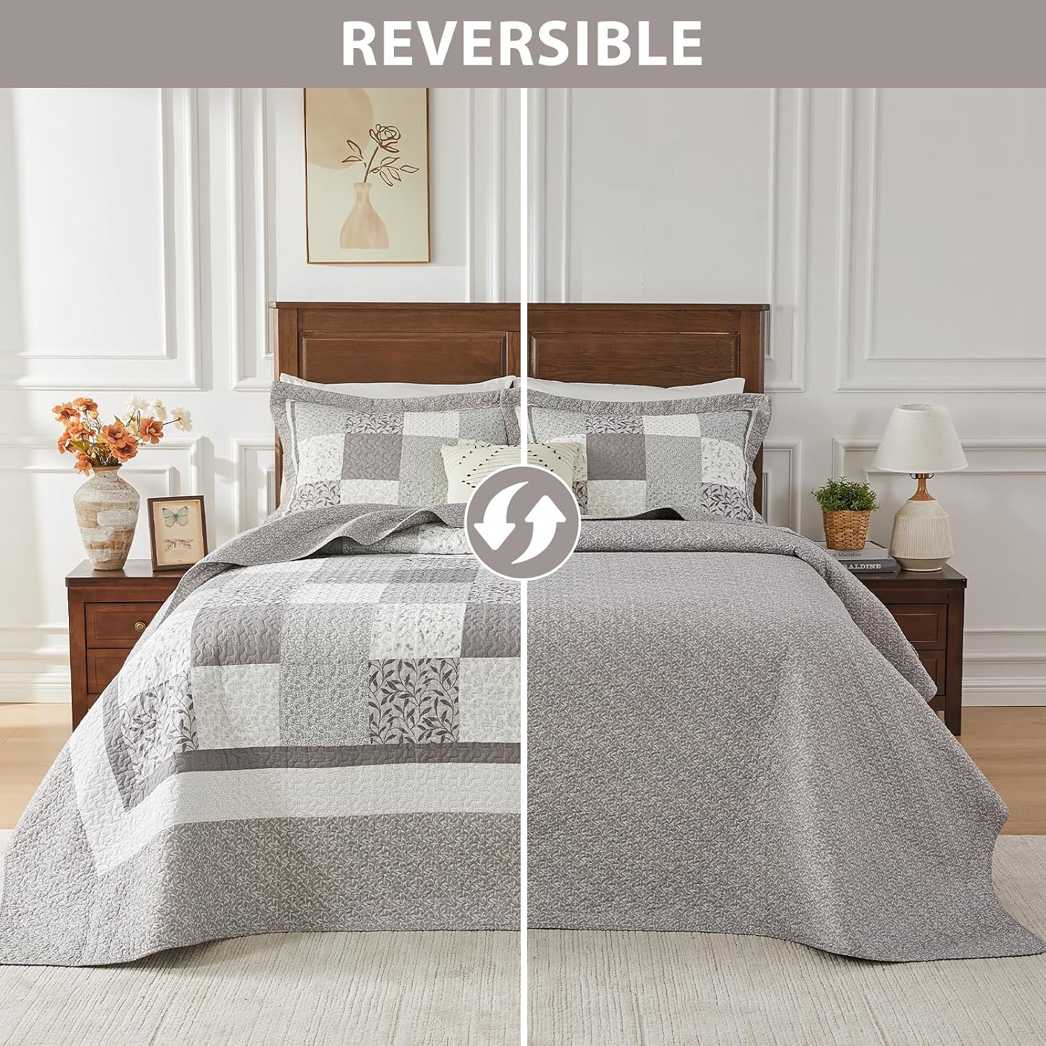 Oversized King Bedspreads 120x120 - Floral Plaid Real Patchwork Farmhouse Reversible California King Quilt Set, 3 Pieces Lightweight Thin Comforter Coverlet Set, Cal King, Gray/Beige