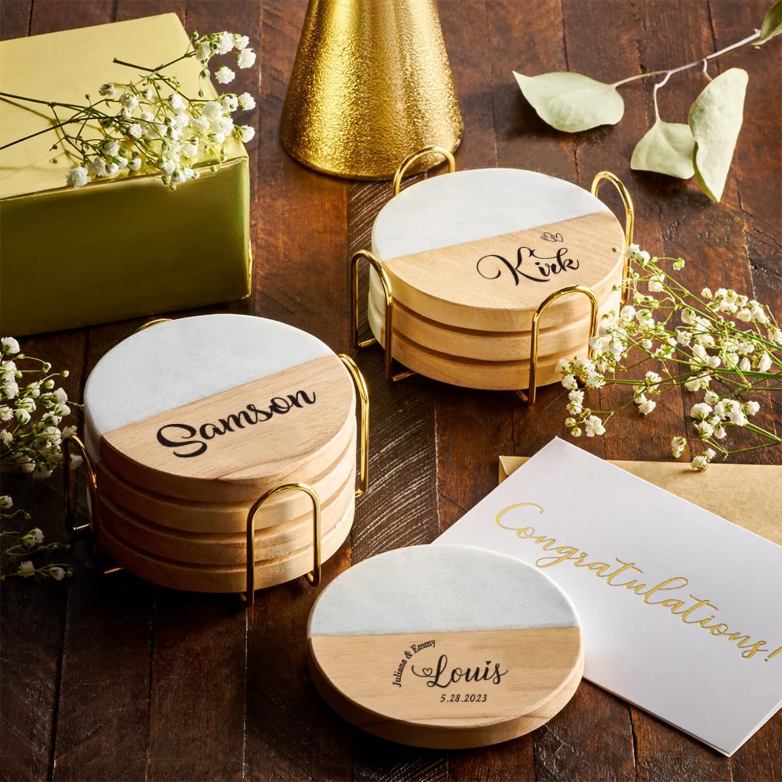 ZXH Posavasos de madera personalizados para regalos de boda, con nombre personalizado, grabado, decoración de boda, regalo de inauguración de la casa, decoración de cocina (6 piezas)