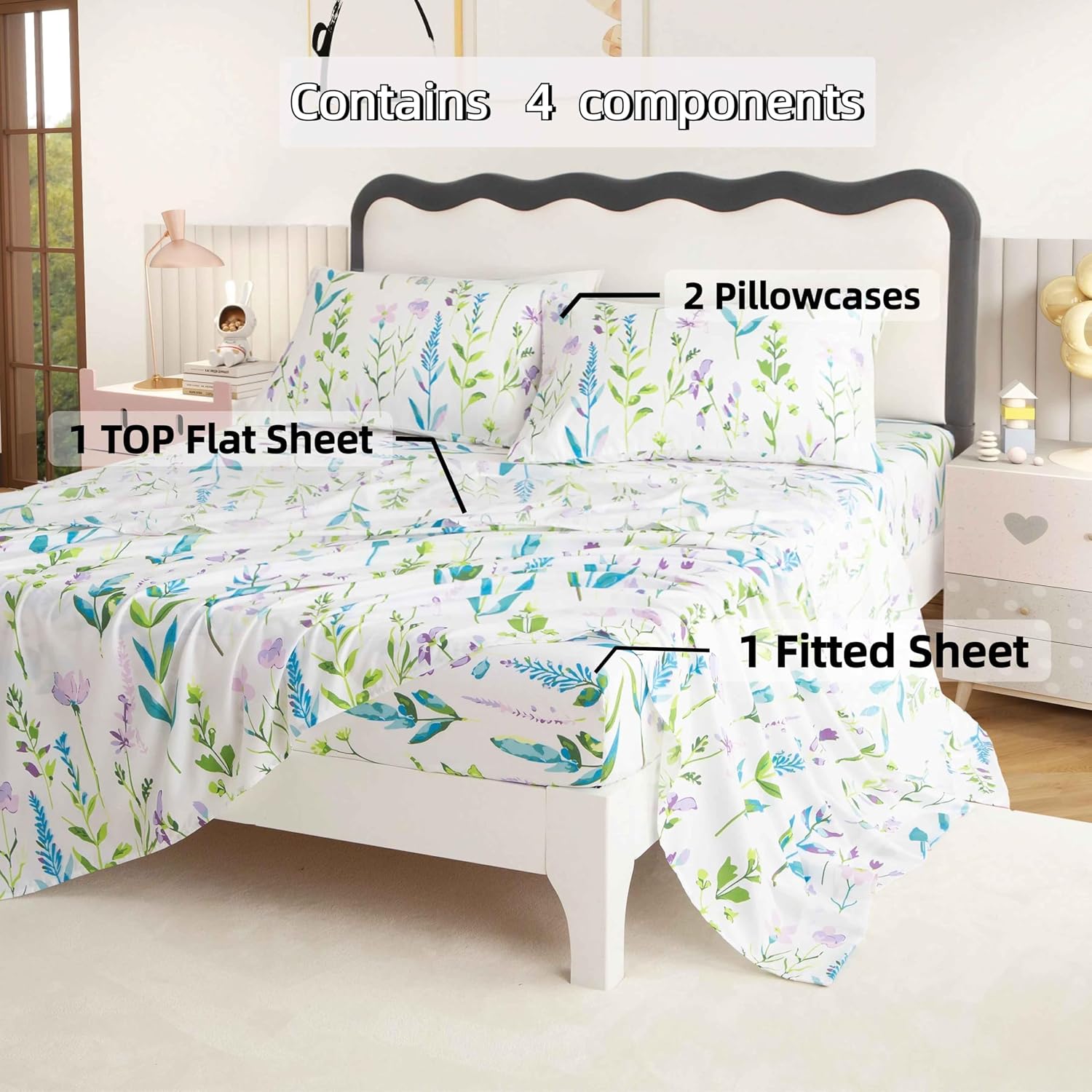 SDY 4 Pieces Floral Sheet Set Full，Floral Bed Sheets Set Full Size for Adult with 1 FittedSheet+ 1 Top FlatSheet + 2 Pillowcases image 2