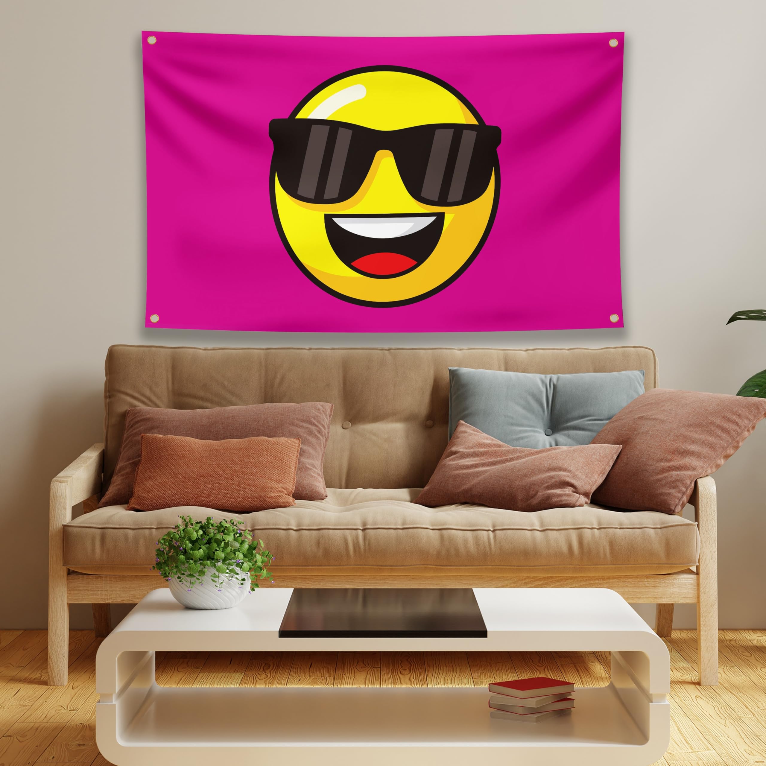 Pink Smiley Face Flag - Funny Flag - Smiley Face Sunglasses Banner - 110D polyester - Double Seam - 4 brass eyelets, large 5ft x 3ft - Image 3