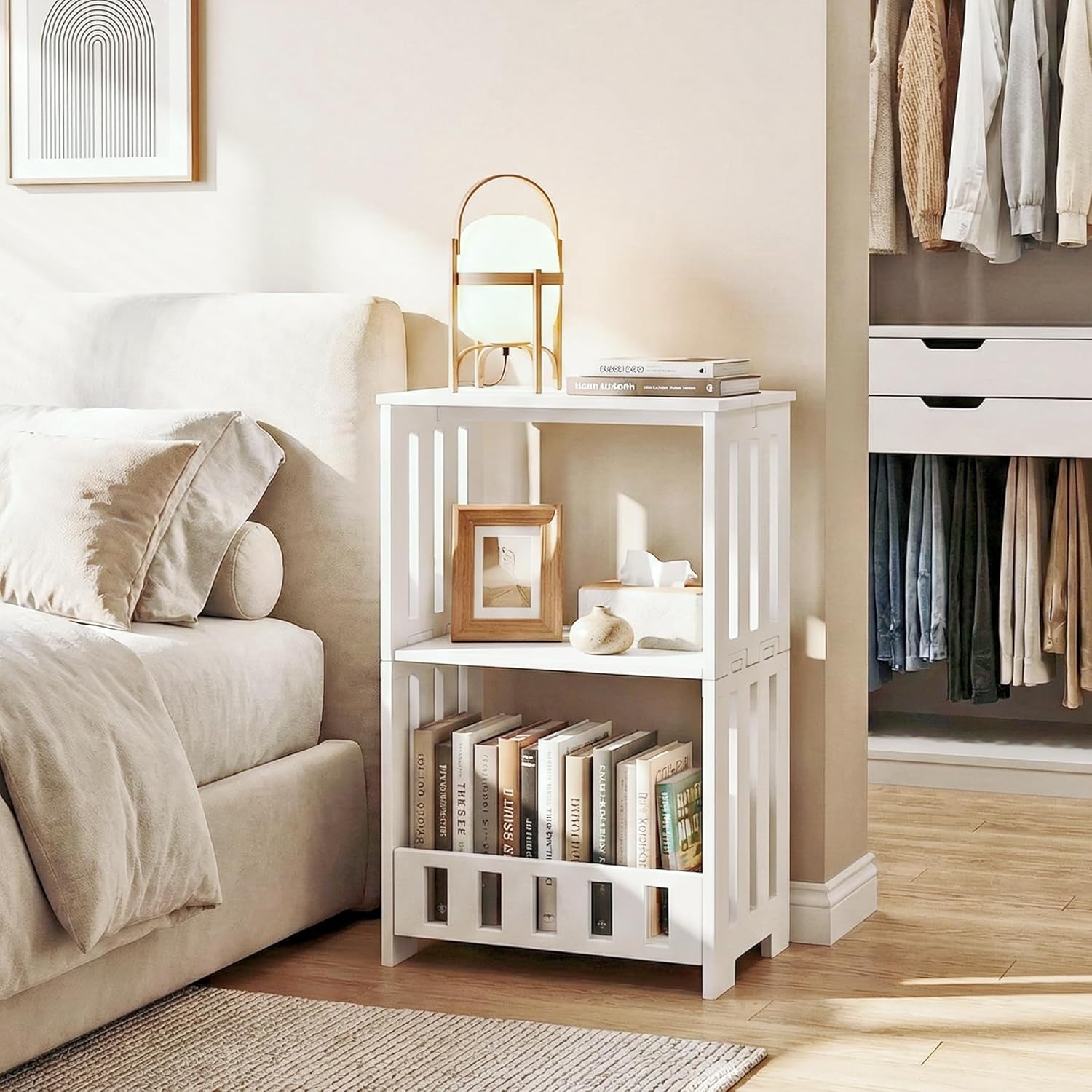 3-Tier End Table Night Stand Set of 2, White Side Table with Storage Shelf, Small Bookshelf Bedside Table for Bedroom, Living Room, Office, Bathroom