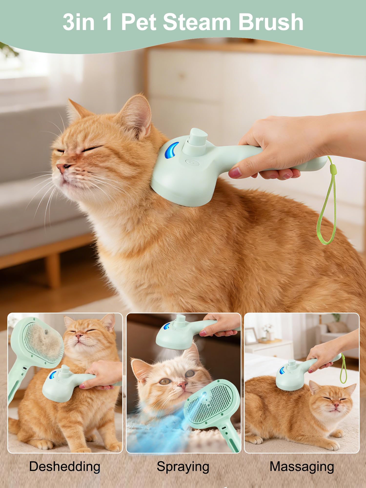 Cepillo de vapor 5 en 1 para perros y gatos con botón de vapor y liberación, herramienta de aseo para mascotas de interior, eliminación de pelo de gato, agua para animales pequeños, pelo largo y corto