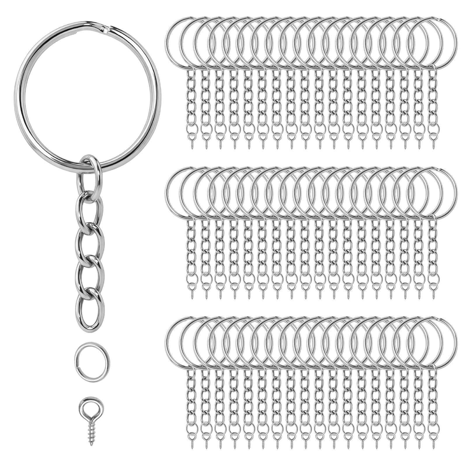 100 Pcs 25mm Keychain Rings and Keyring Chains & 100 Pcs Screw Eye Pins