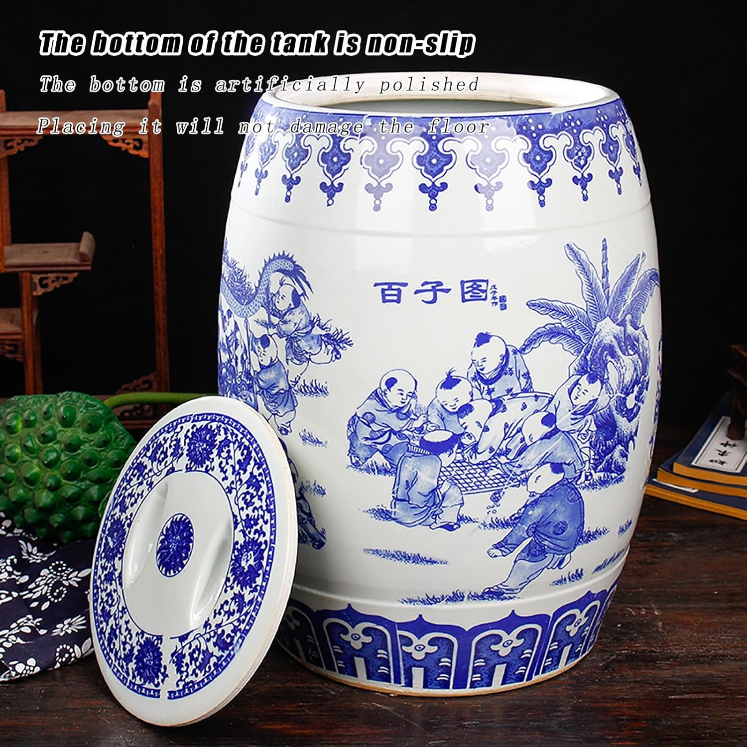 Large Ceramic Jar for Rice Ceramic Rice Dispenser Ceramic Rice Bucket with Lid Ceramic Flour Container Household Rice Barrel Blue(E,Capacity 25kg)