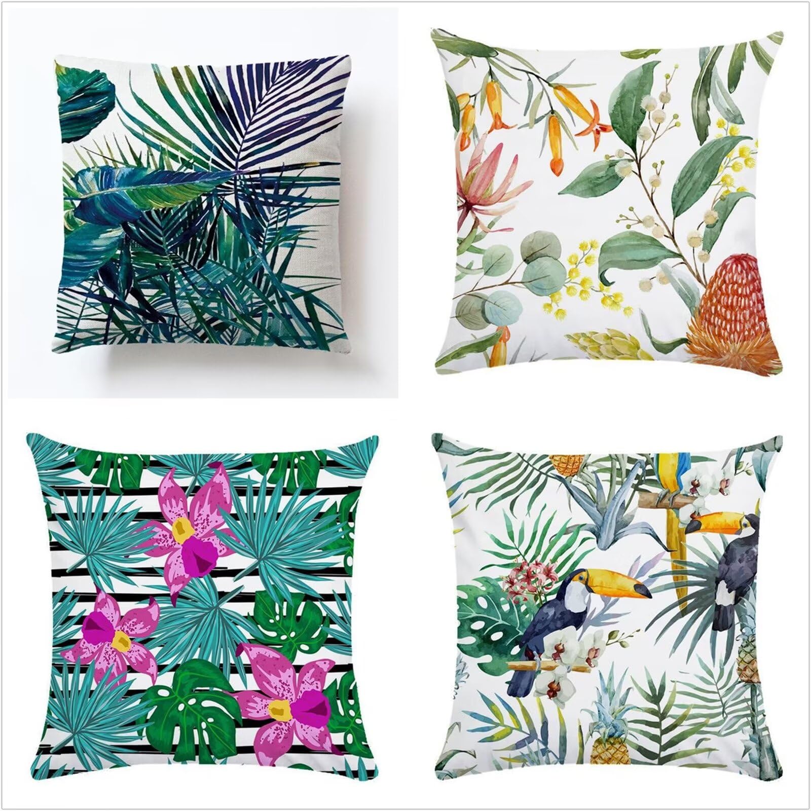 Juego de 4 Impermeable Funda de Cojín Pájaro de hoja vegetal,45x45cm Moderno Suave Transpirables Lino Fundas de Almohada Cojines Decorativos con Cremallera Oculta para Exterior Sofá Cama Coche Hogar
