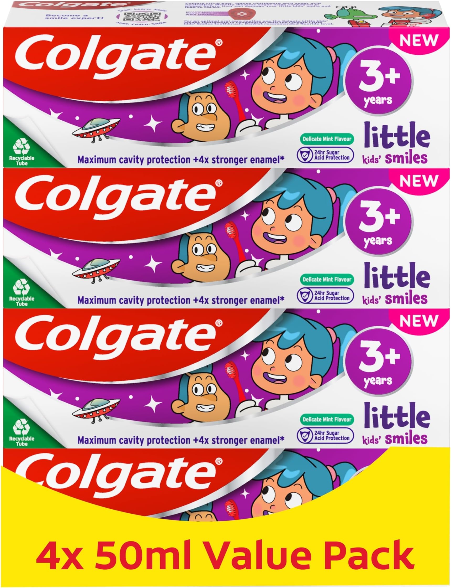 Colgate Kids Toothpaste Multipack 3+ Years 4 x 50ml – Gentle Toothpaste for Kids – Contains Dentist-Recommended Level of Fluoride – Maximum Cavity Protection – 4X Stronger Enamel