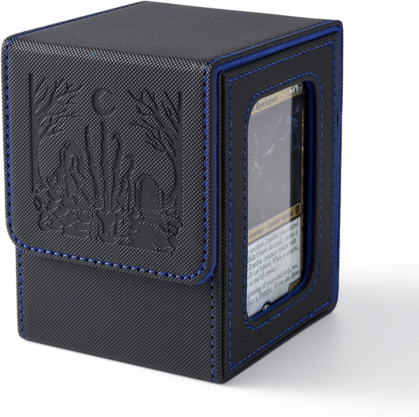 Venssu MTG Deck Box with Commander Display, Zombie Card Deck Case Fits 100 Double Sleeved Cards, TCG Card Storage Box with 2 Dividers and 1 Toploader (Black and Blue)