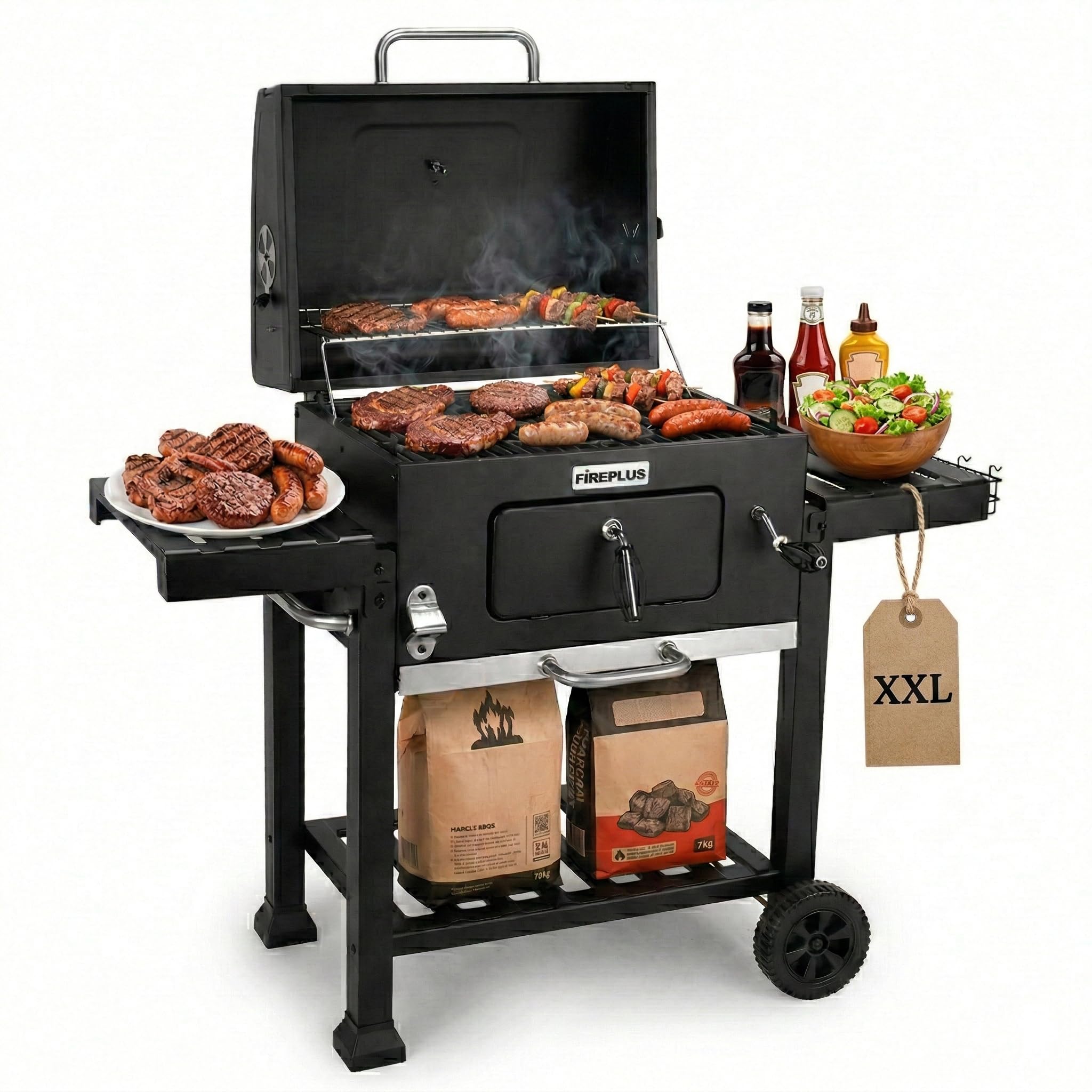 Amig - Barbacoa Fireplus de Carbón XXL - Parrilla de Acero 57x42cm - Con Ruedas y Bandejas Laterales - Asador Transportable Grande - Depósito para Ceniza - 131x116,5x56cm