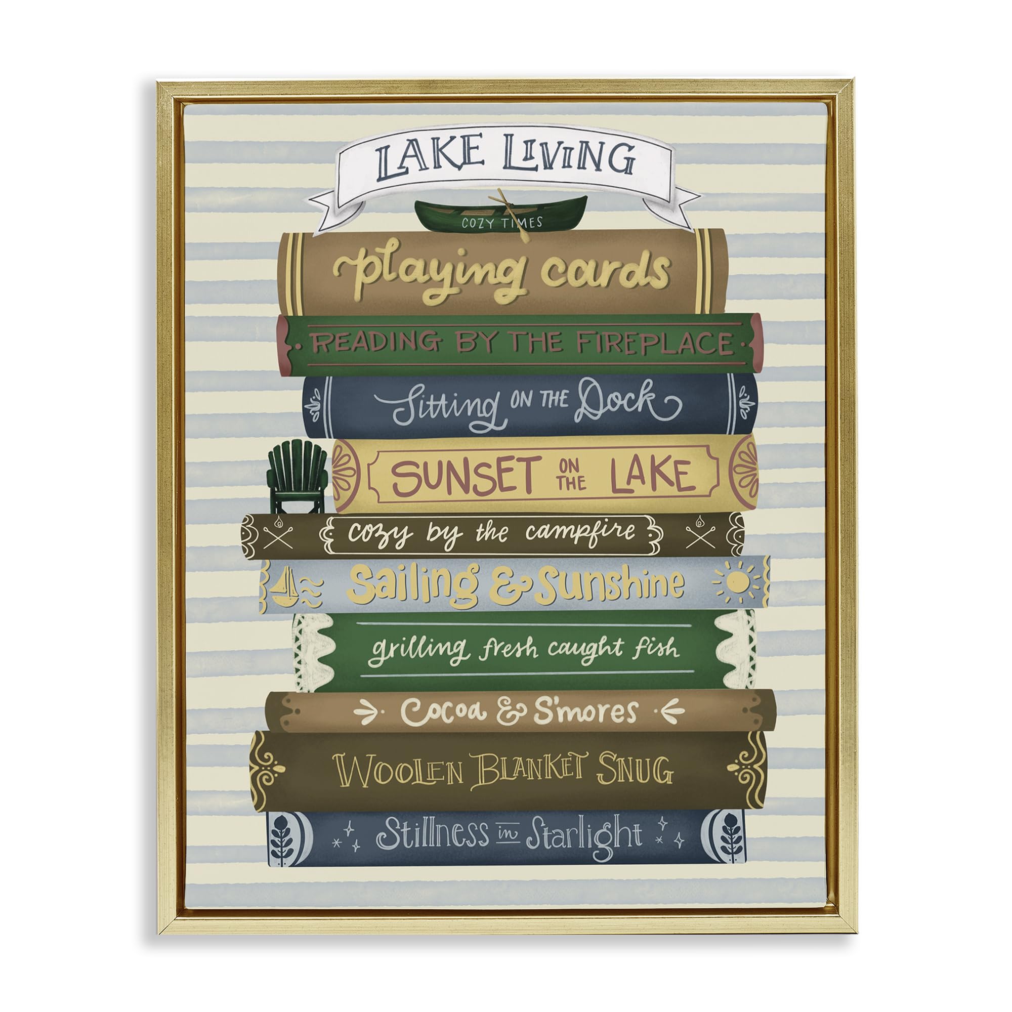 Stupell Industries Metallic Gold (Matte) 'Lake Living Book Stack'| Floating Frame Canvas Art