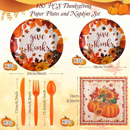 Miniatura 2 de Juego de 180 platos y servilletas de papel de Acción de Gracias desechables para 30 invitados, platos de papel, servilletas, tenedores de plástico,