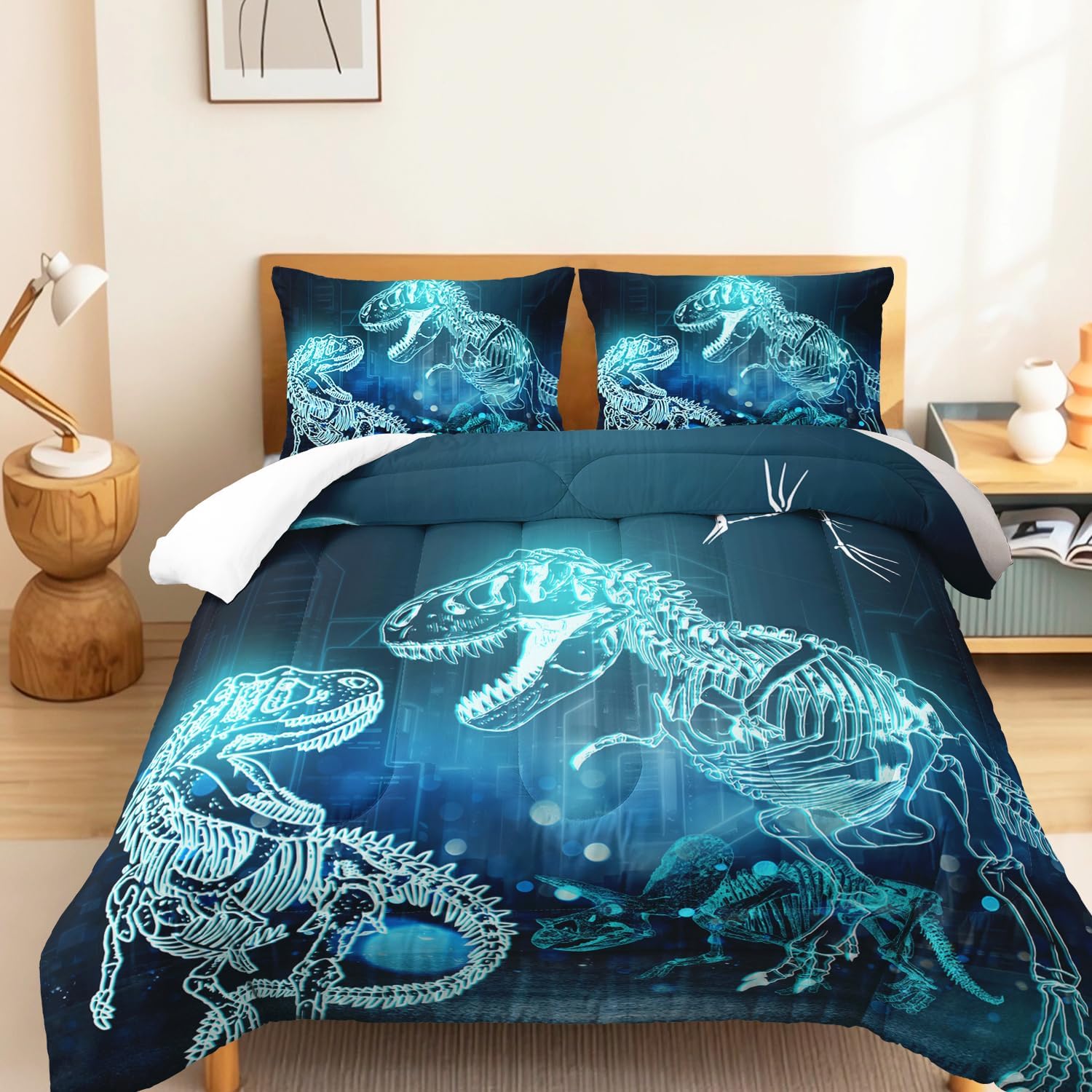Dinosaur Comforter Set for Teens Boys Girls,Dino Eyes 3 Pieces Bedding Set Twin,Dark Blue Lightweight Down Alternative Bedding Sets for All Season - Image 2