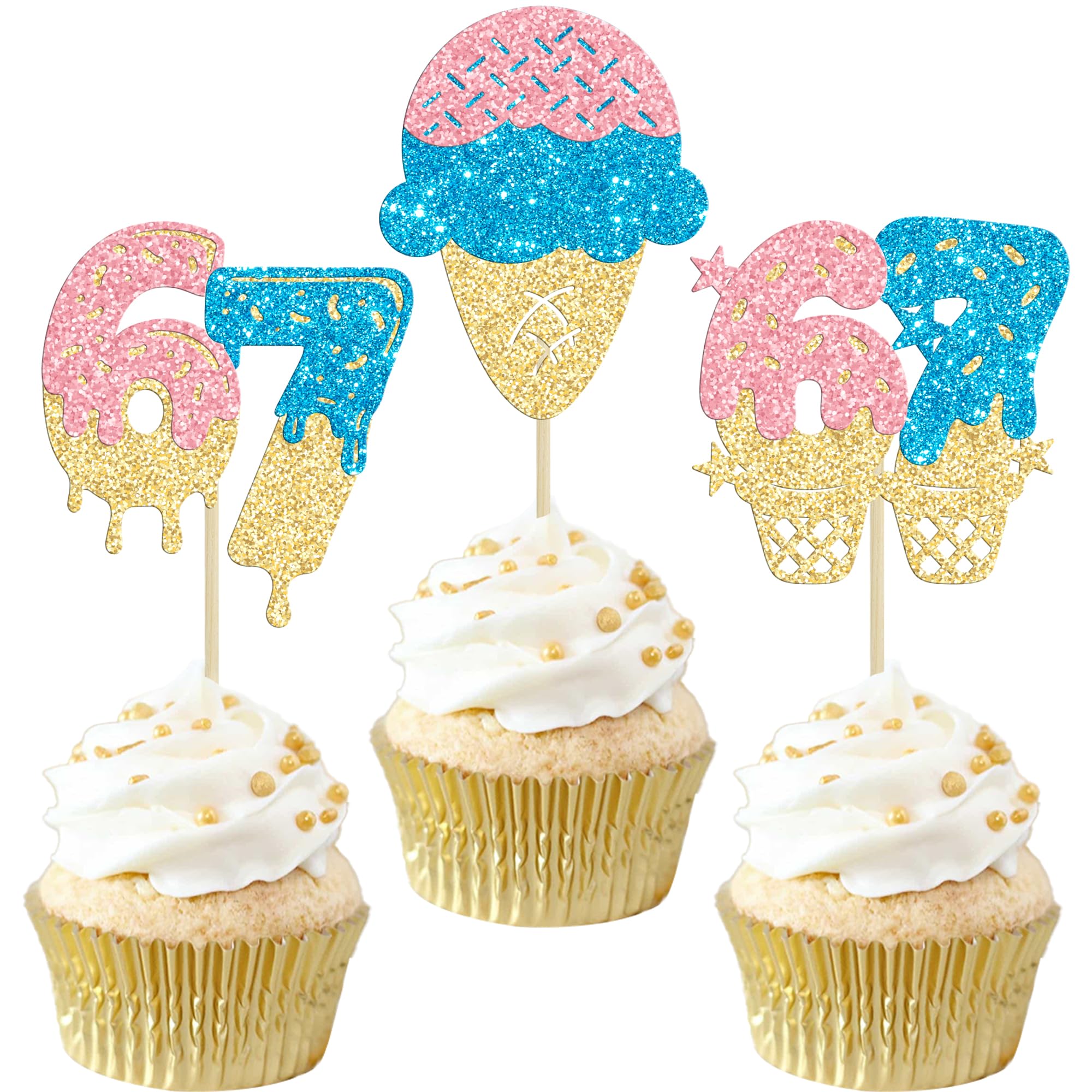 Gyufise 24Pcs Six Seven Cupcake Toppers Funny 6 7 Party Decorations Funny Six Seven Birthday Cake Decorations for Donut Ice Cream Baseball 6 7 Theme Party Supplies Blue Pink