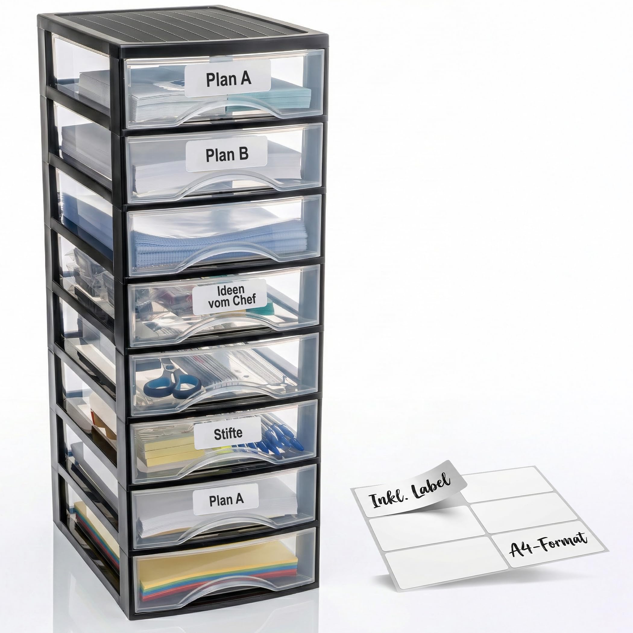 Hausfelder Schubladenbox A4, 8 Schubladen, inkl. Aufkleber | Schubladenturm Box aus Kunststoff für Schreibtisch, Büro, Kleiderschrank, Organizer Schwarz Transparent