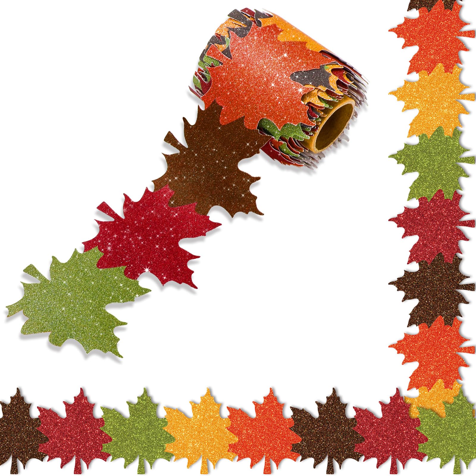 Whaline 32.8ft Fall Bulletin Board Borders Colorful Glitter Maple Leaf Die-Cut Border Trim for Autumn Thanksgiving Chalkboard Decoration