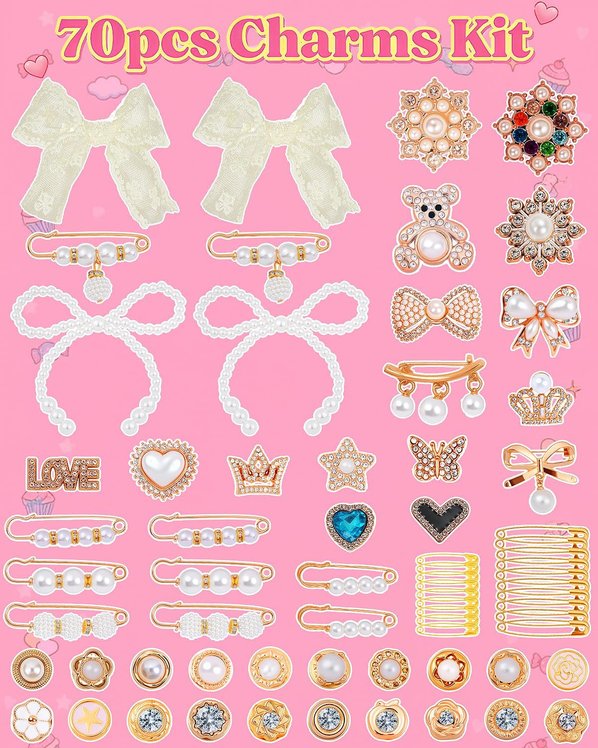 LovelyMoon 70 Pcs Junk Socks Charms Kit, Gold Brooches and Pins for Women, Pearl and Rhinestone Sock Charms with Safety Pins, DIY Accessories for Decorating and Personalizing Socks - Image 3
