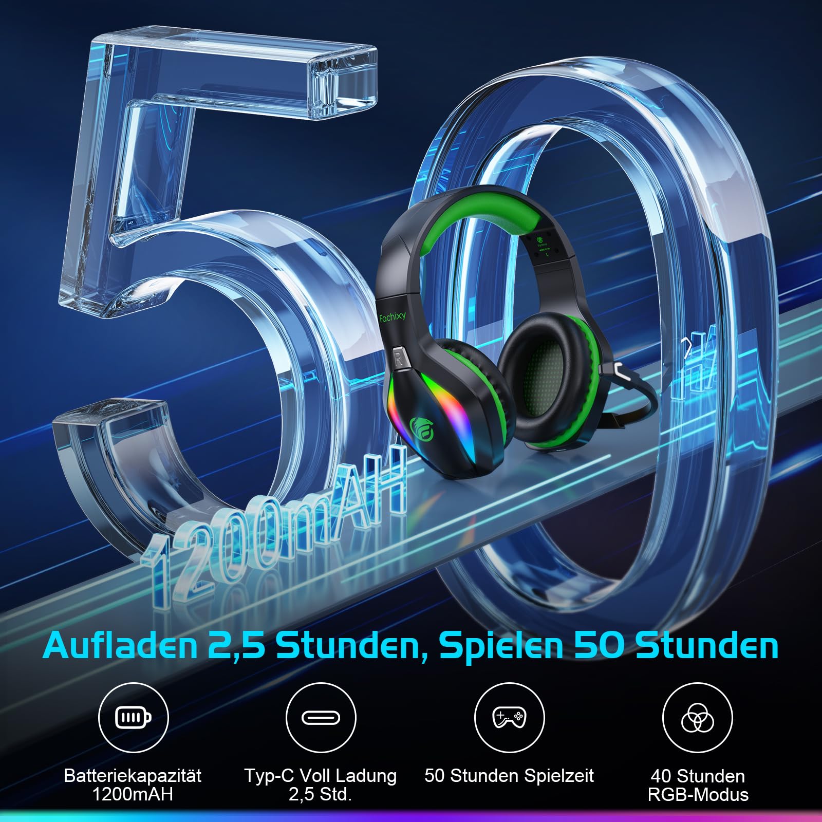 Fachixy「2025 Neu」FC100 Wireless Gaming Headset - 2.4GHz & Bluetooth Kopfhörer mit Mikrofon - 3D Stereo Sound & 40H+ Akkulaufzeit - Für PS4, PS5, PC, Mac, Tablets, Switch, Smartphones, schwarz-grün
