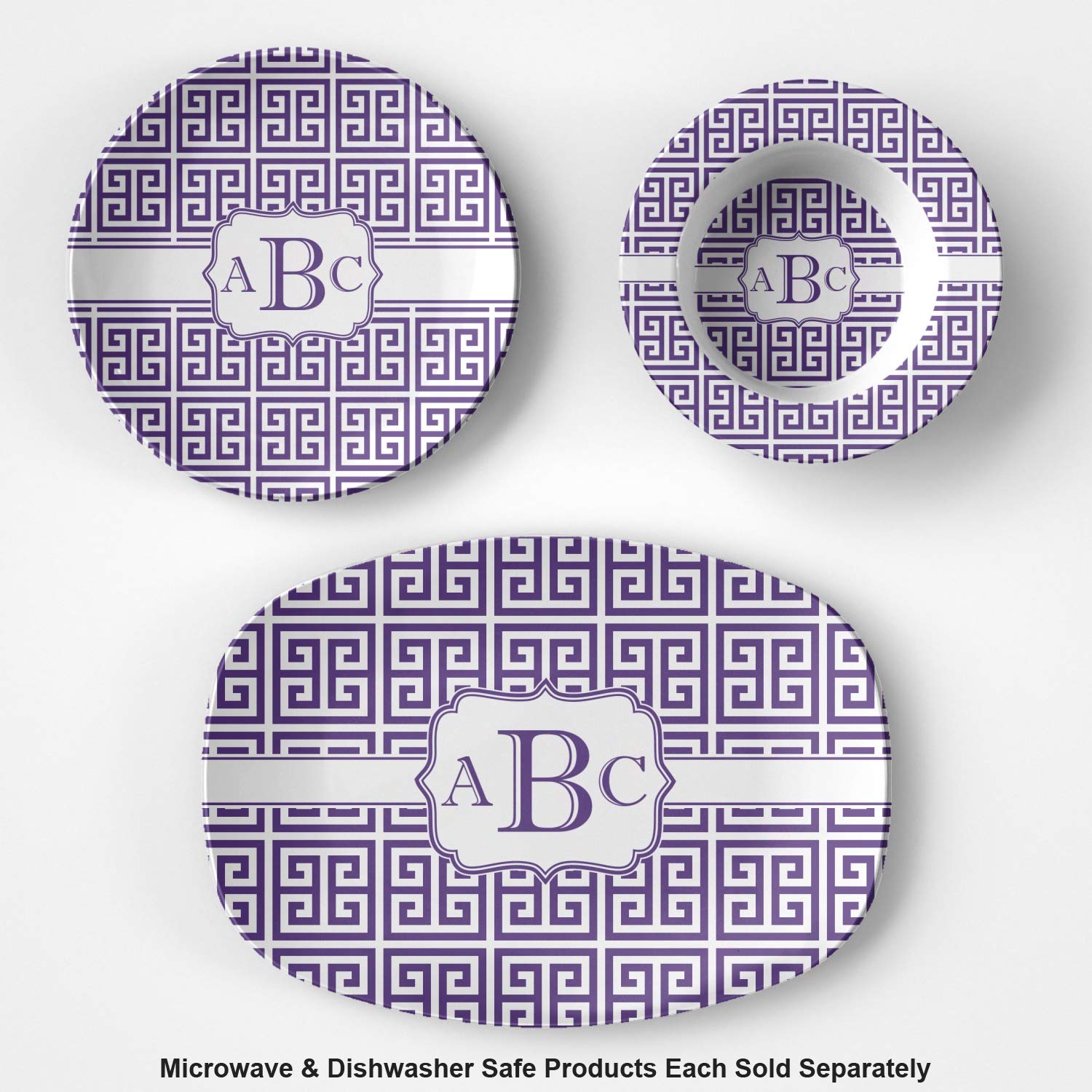 Personalized Greek Key Plastic Bowl - Microwave Safe - Composite Polymer