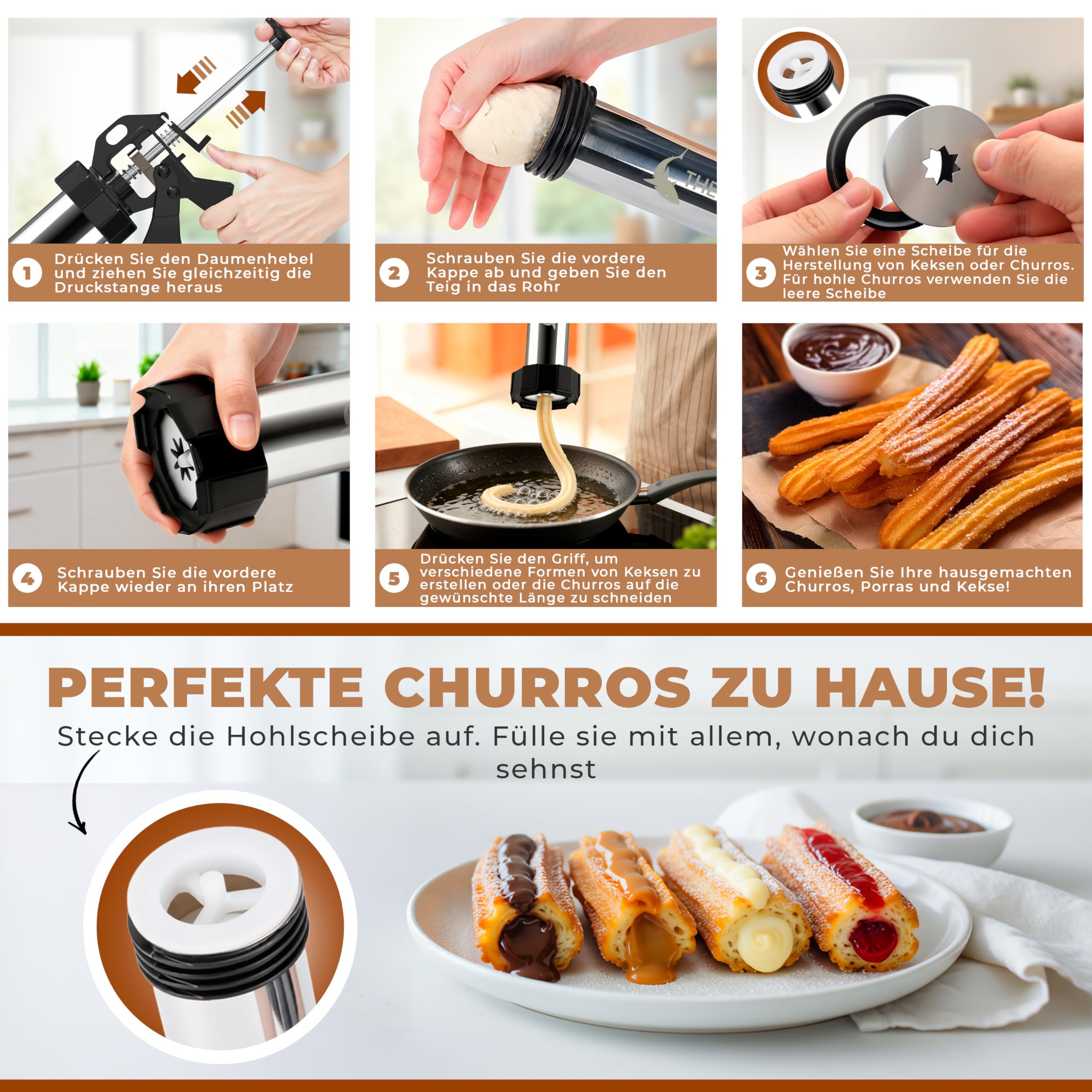 Churros Maker & Spritzgebäck Maschine – 304 Edelstahl, Große Kapazität, Leicht zu Reinigen & Langlebig – Ideal für Familien, Hobbybäcker & Profis – Perfekte Gebäckpresse für Spritzgebäck & Churros