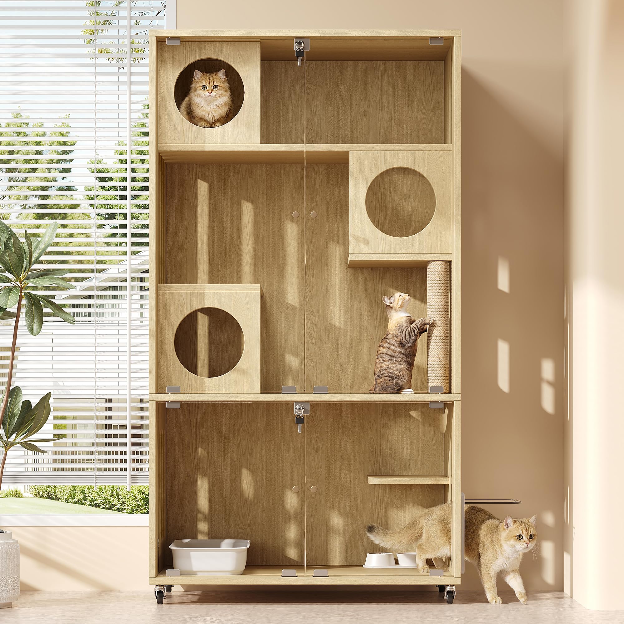Gabbia mobile per gatti con serratura a chiave e porta di ingresso/uscita, 90 x 50 x 166 cm, in legno naturale, casetta per gatti e piccoli animali