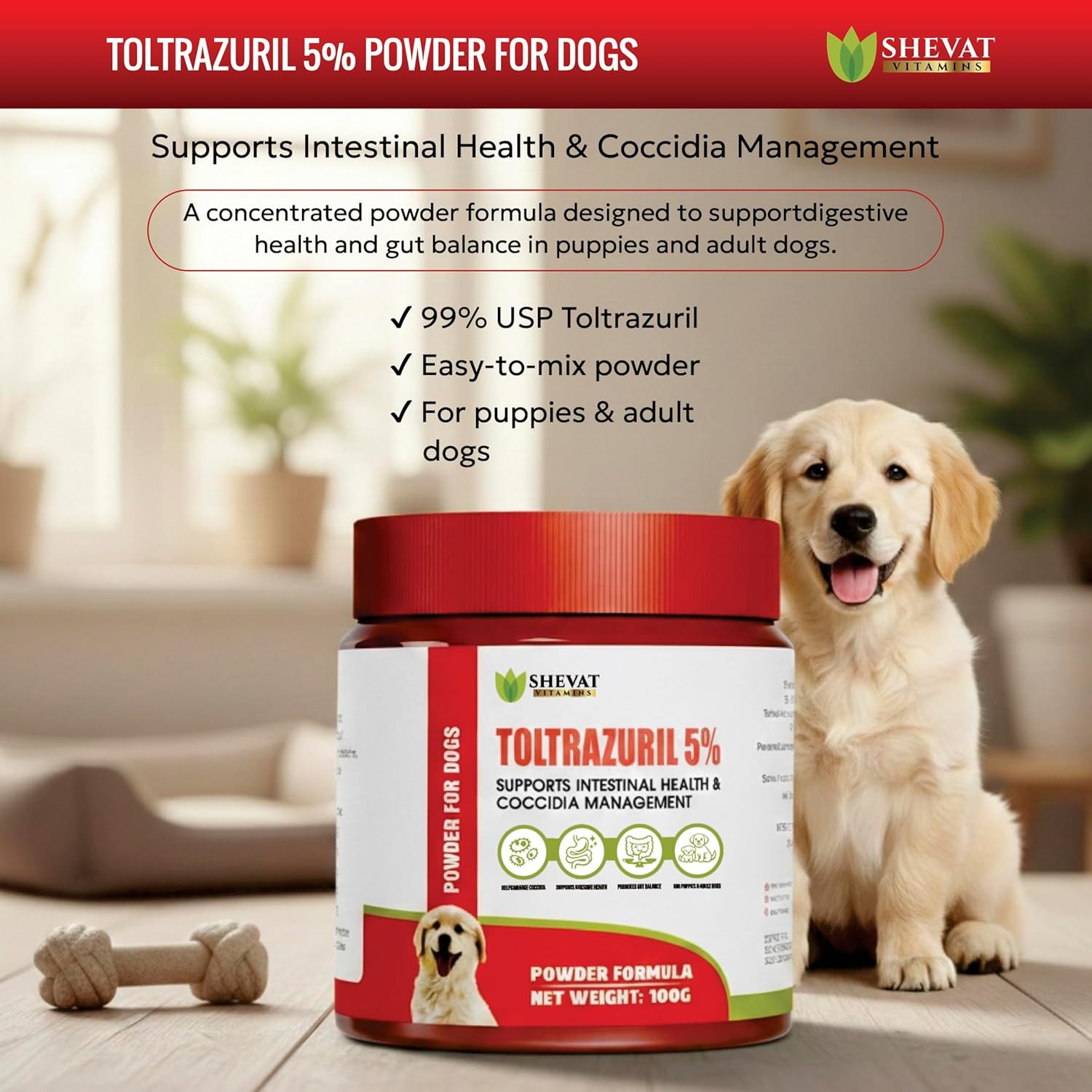 Toltrazuril 5% Powder for Dogs – Supports Intestinal Health and Coccidia Management – Digestive Health and Gut Balance Supplement for Puppies and Adult Dogs – 100g