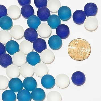QYGL Frosted Sea Glass Ball Beads, Blue Mixed Seaglass Marbles 1LB