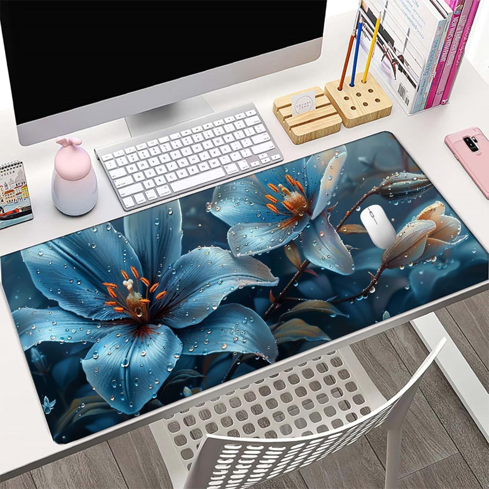 Tappetino Mouse Giglio Tappetino Mouse XXL 150x80 cm Mouse Pad Blu Sottomano Scrivania Ufficio Grande, Mousepad Gaming Antiscivolo Impermeabile, Tappeto per Computer e Tastiera, Gamer, Regalo W6-765