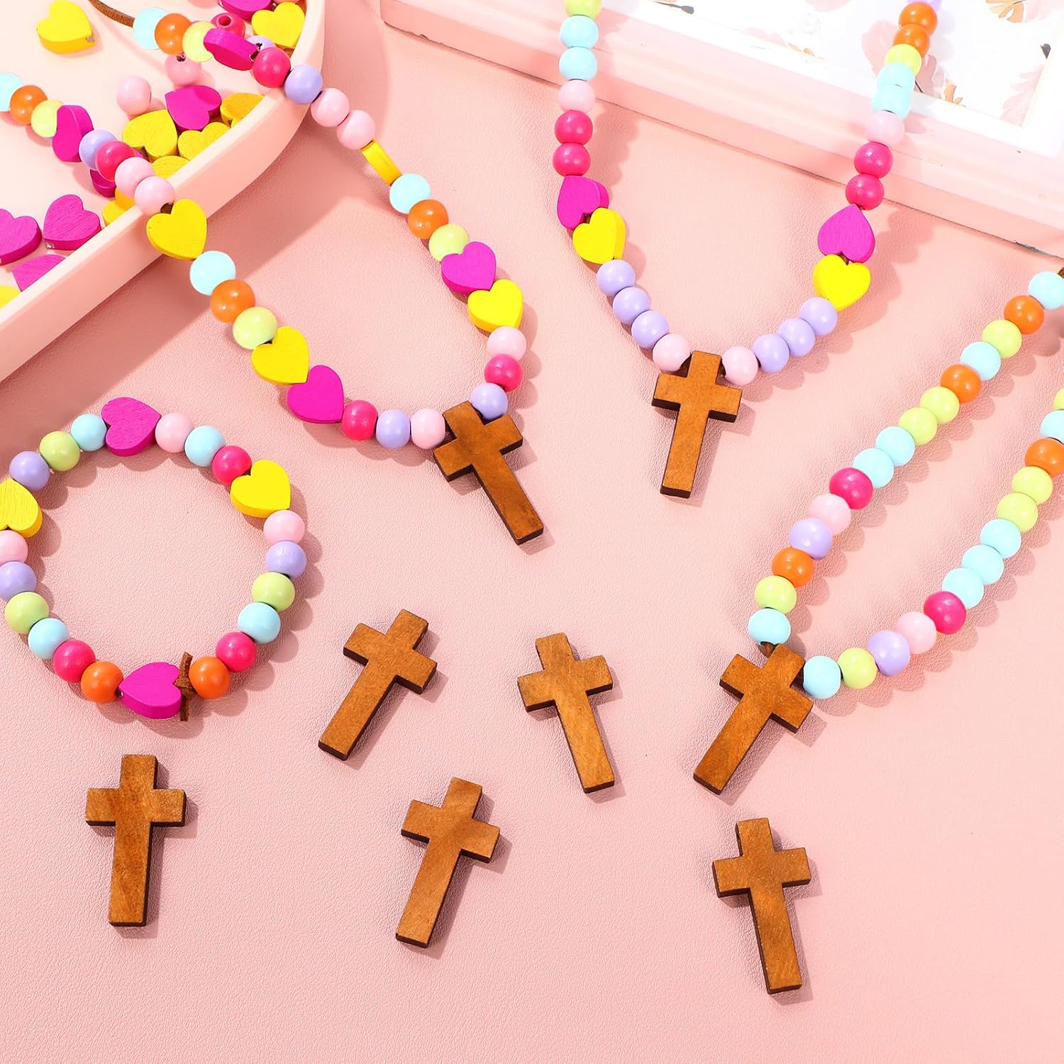 Kigeli 24 Sets Cross Necklace Crafts for Kids, Easter Wooden Necklace Craft Christian Making Kit for Kids Cross on Cord Religious Love Decor Sunday School Classroom Funny Activities