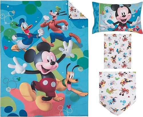 Miniatura 8 de Disney Mickey Mouse - Juego de ropa de cama infantil de 4 piezas, color azul, rojo y verde, pato Donald, Plutón y Goofy, Fun Starts Here - edredón,