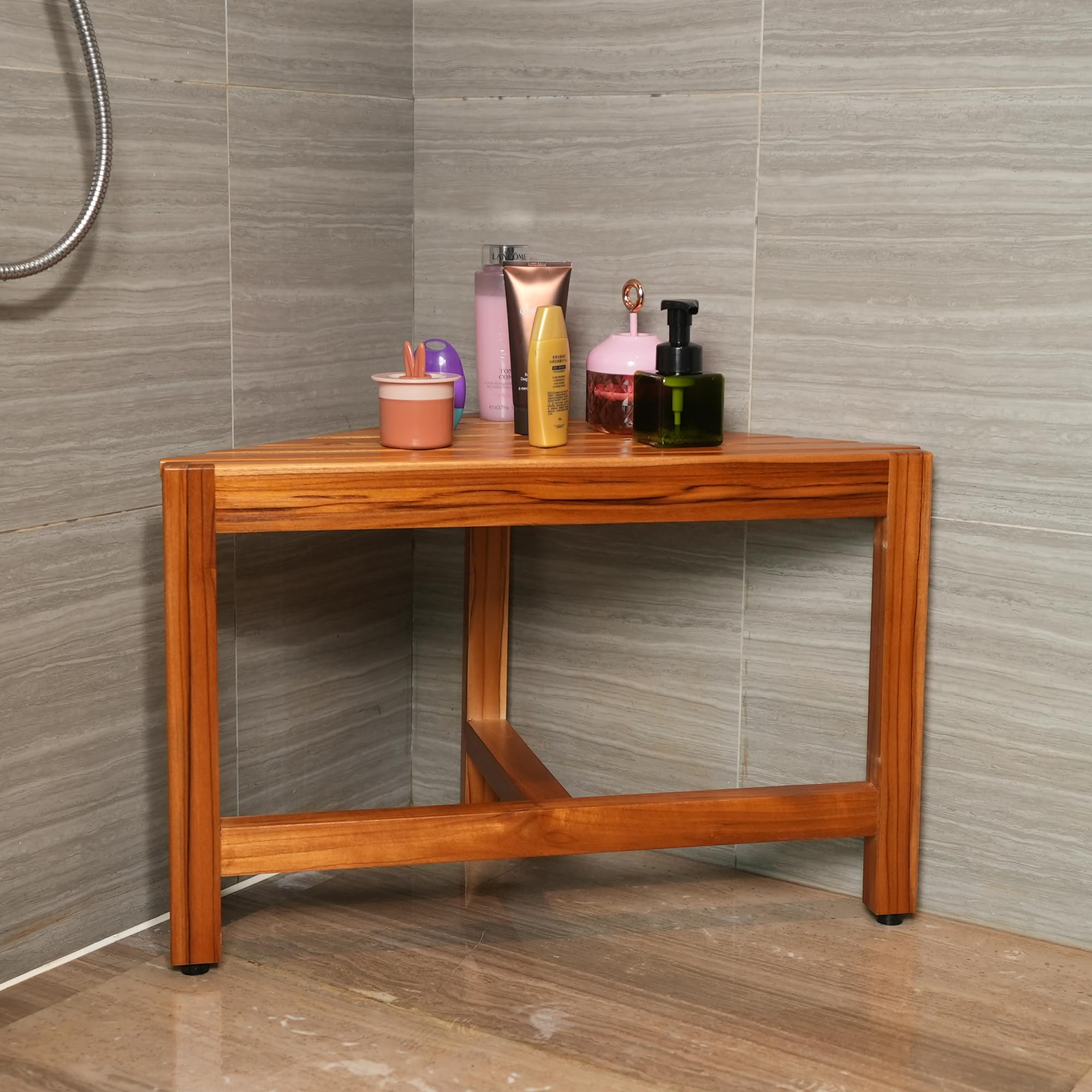 VaeFae Teak Dusche Eckbank Holz Fußstütze Duschbank für Rasieren Nagelpflege & Aufbewahrung Teakholz Braun Platzsparend Eckhocker