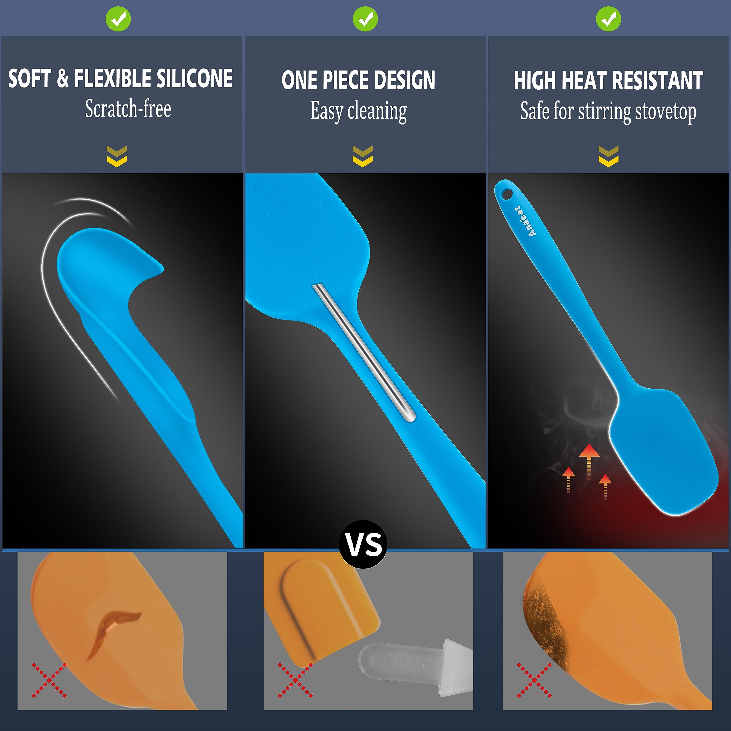 Anaeat Juego de 5 espátulas de silicona, diseño de una sola pieza sin costuras, espátulas de goma antiadherentes, sin BPA, raspador de cocina flexible para hornear, cocinar, raspar y mezclar