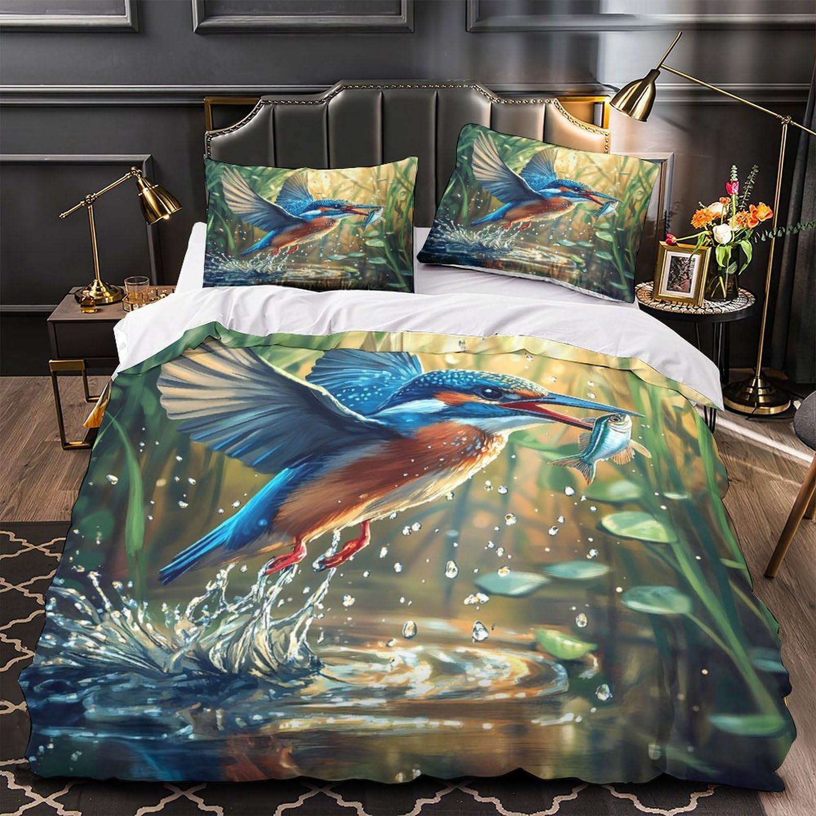 MMDASBVPE Kingfisher Catching Fish Comforter Cover 3D Design Printed All Season 3 Piece Bedding Set Zipper Duvet Cover Luxury Breathable for Kids Teens Adults Women Youth Teenagers Single（135x200cm）