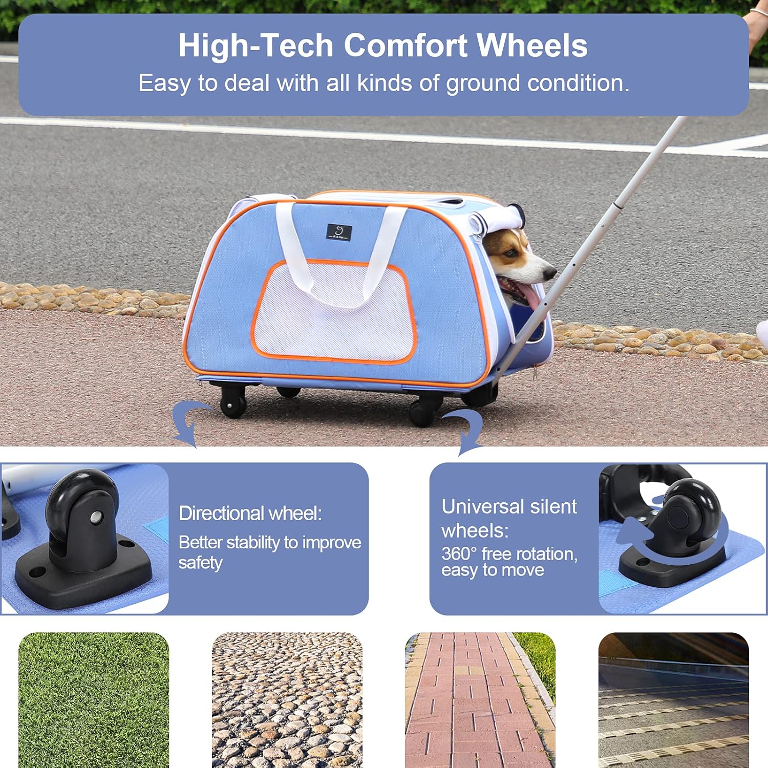 A4 Pet Pet Carrier with Wheels,Foldable Dog Carrier on Wheels for Medium Dogs Up to 33 LBS with Removable Base,Extendable Handle & 4-Wheels Design,Mesh Ventilation Windows and Safety Rope, Blue